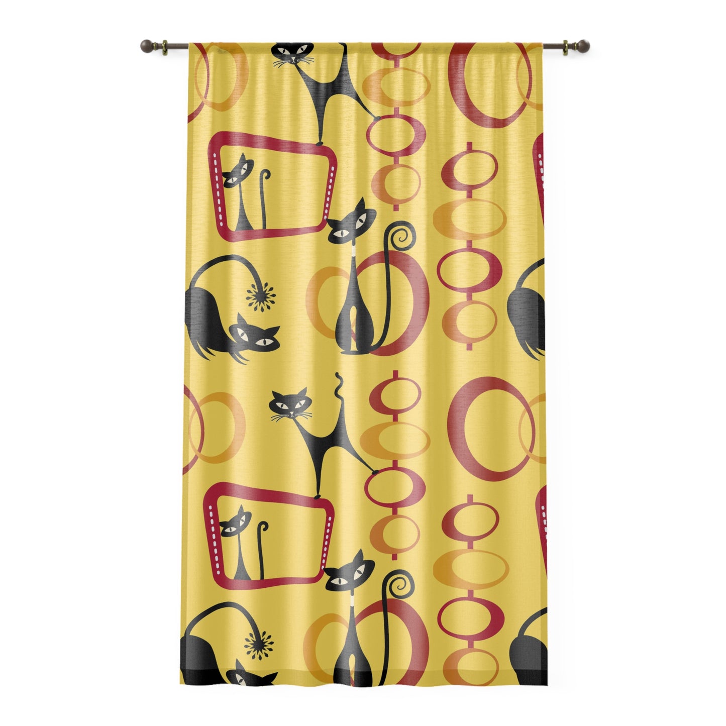 Yellow and red atomic cat retro inspired sheer Window Curtain, mid century modern, MCM home decor