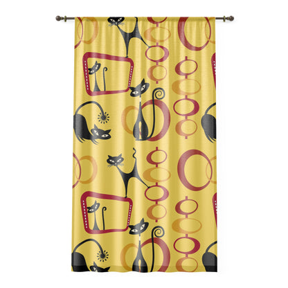 Yellow and red atomic cat retro inspired sheer Window Curtain, mid century modern, MCM home decor