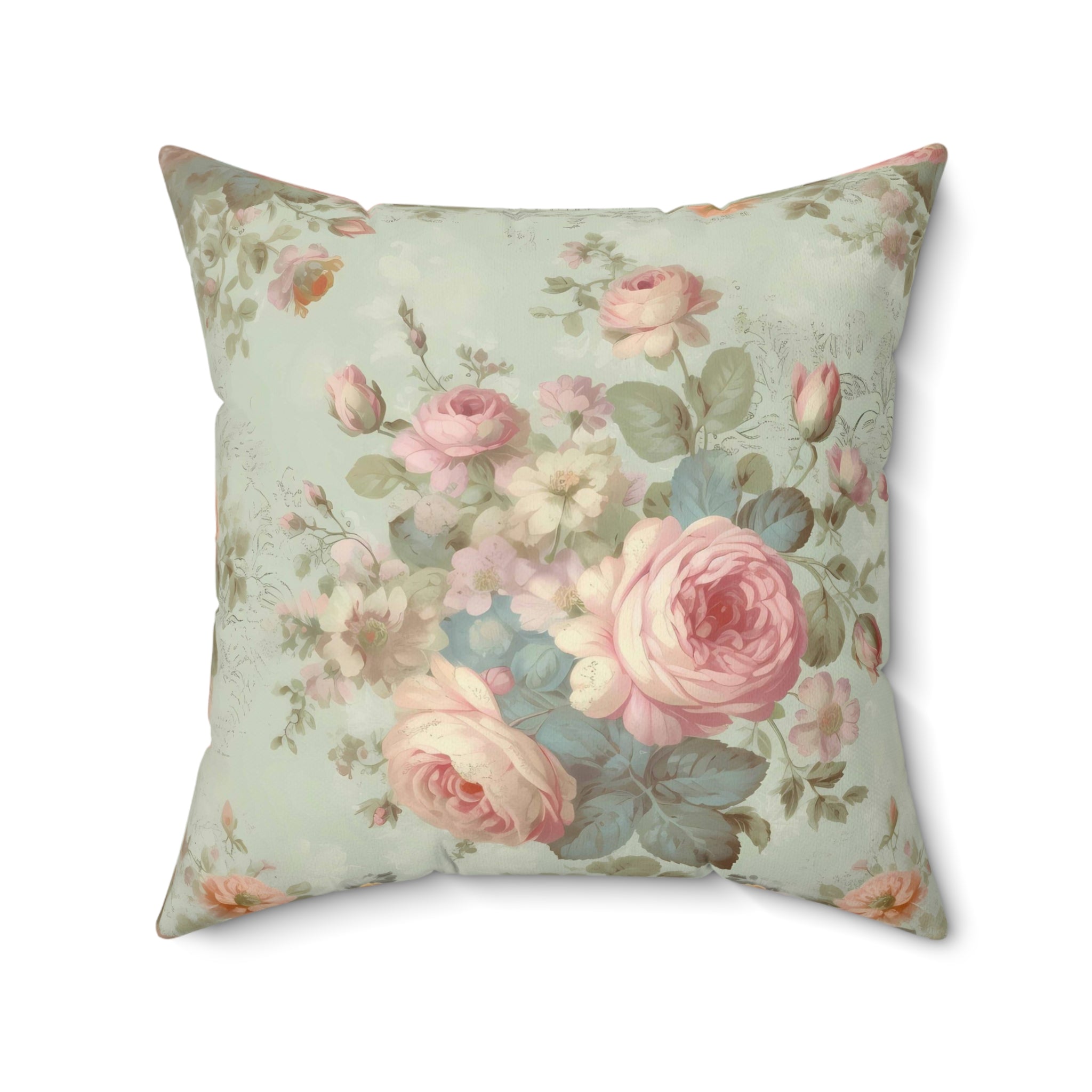 Pink roses mid tone background (blue, grey, green) shabby chic style Spun Polyester Square Pillow