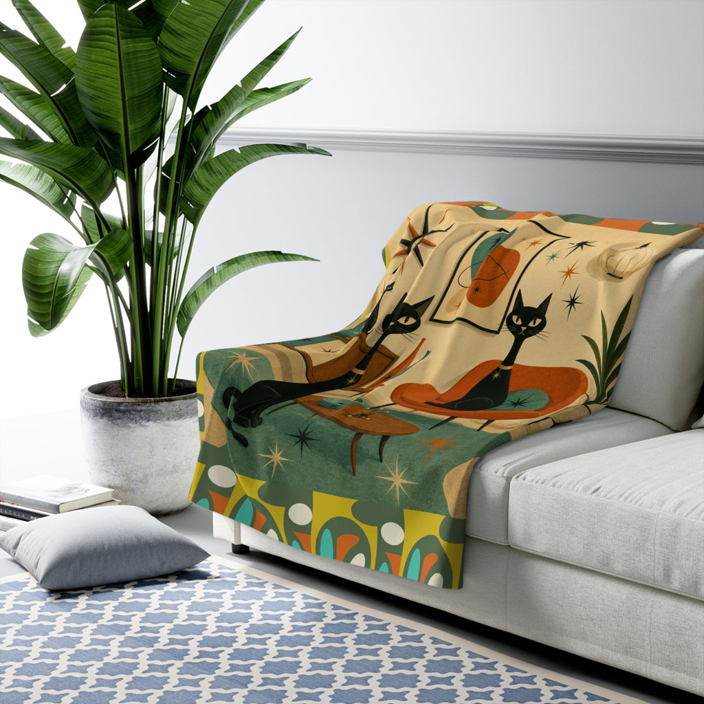 Mid Century Modern Atomic Black Cats Sherpa Fleece Blanket | Retro Atomic Living Room
