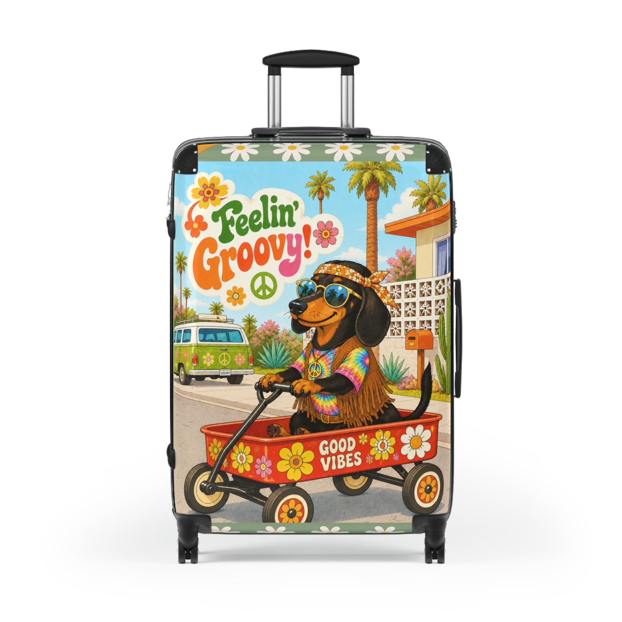 Feelin' Groovy Dachshund in Wagon Suitcase | Retro Hippie Good Vibes Travel Luggage
