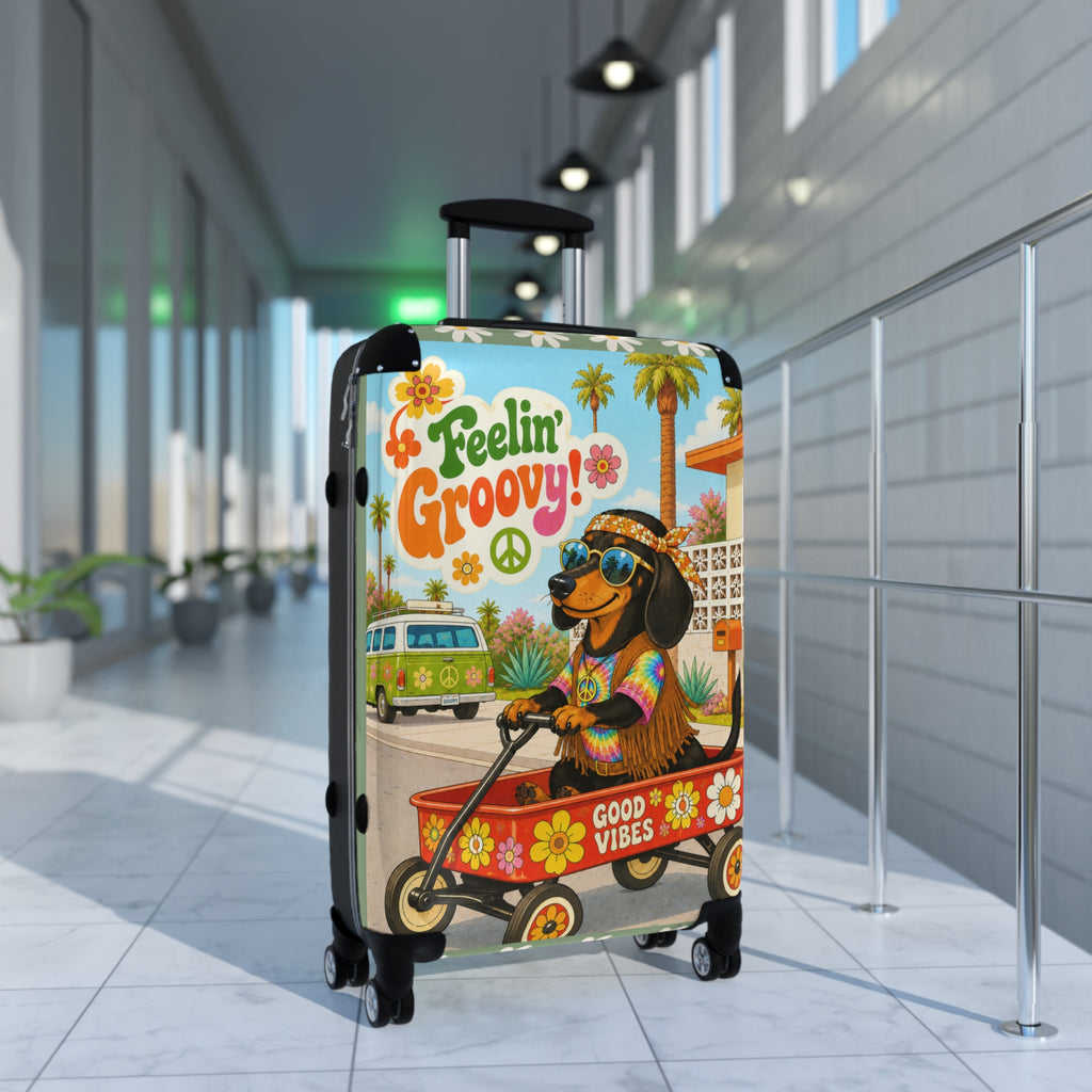 Feelin' Groovy Dachshund in Wagon Suitcase | Retro Hippie Good Vibes Travel Luggage