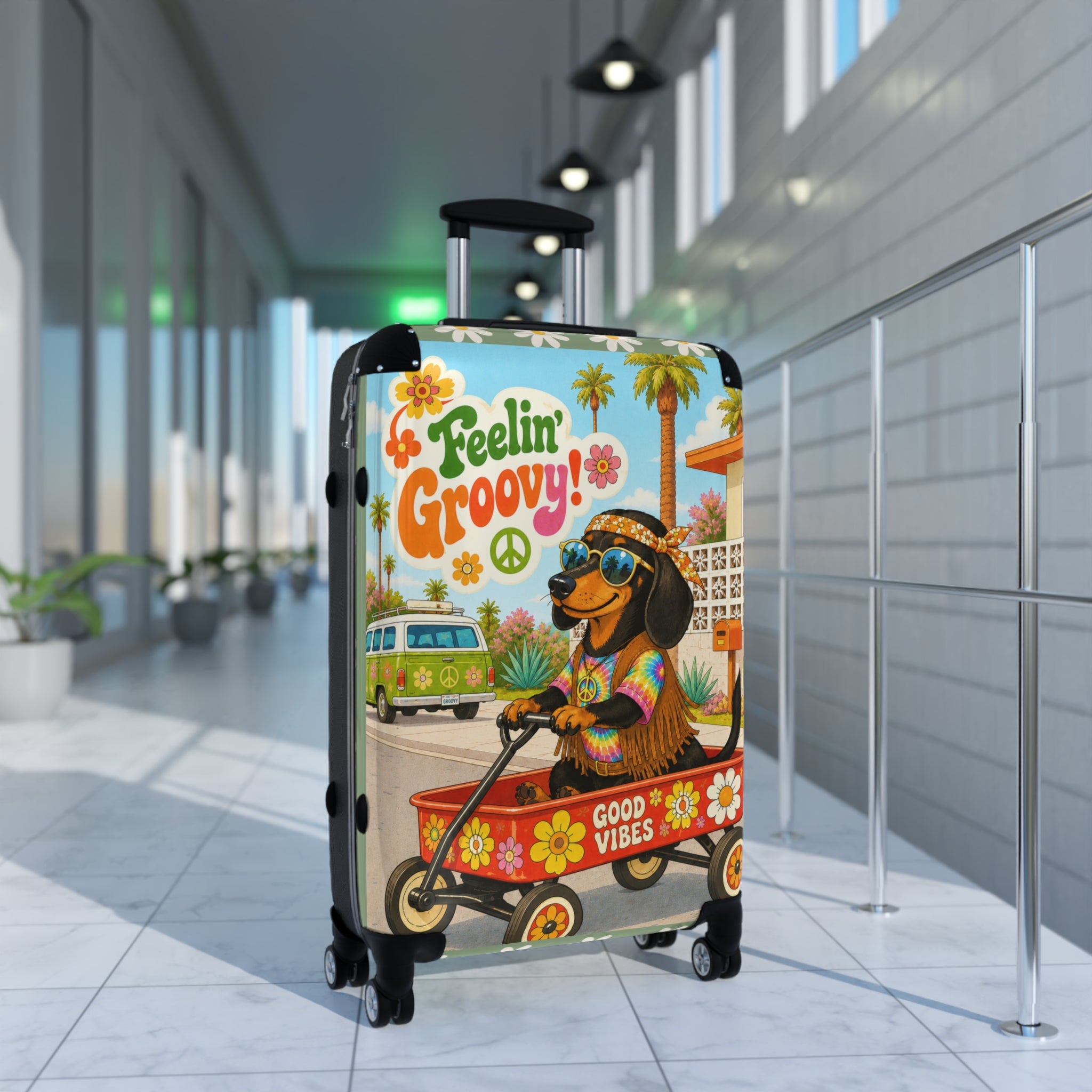 Feelin' Groovy Dachshund in Wagon Suitcase | Retro Hippie Good Vibes Travel Luggage