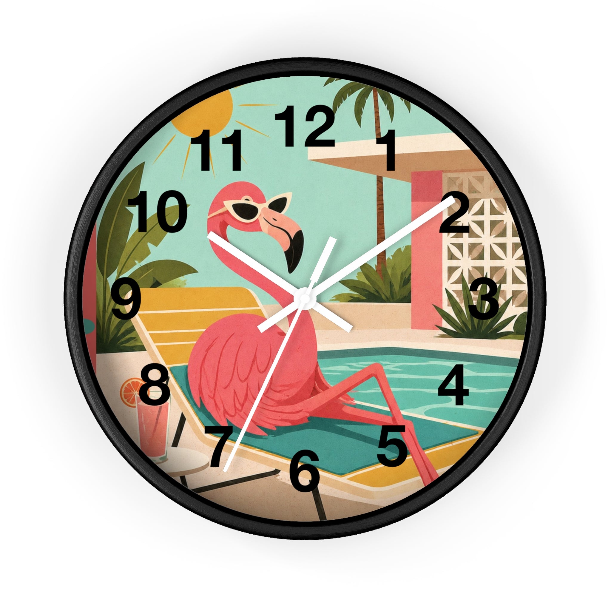 Retro Flamingo Poolside Wall Clock | Mid Century Tropical Illustration