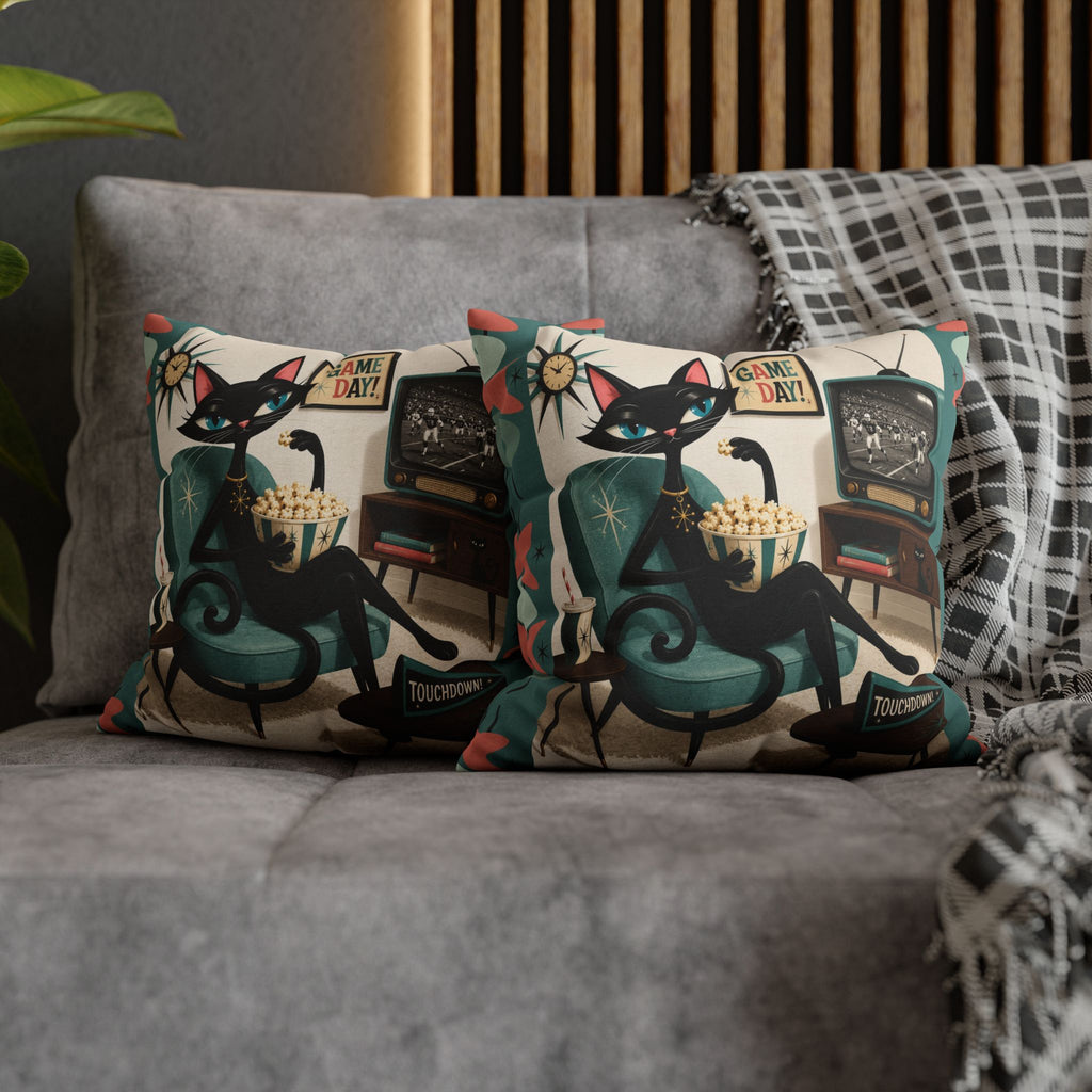 Retro Atomic Black Cat Watching Football Pillowcase | MCM Square Throw Pillowcase - Indoor use