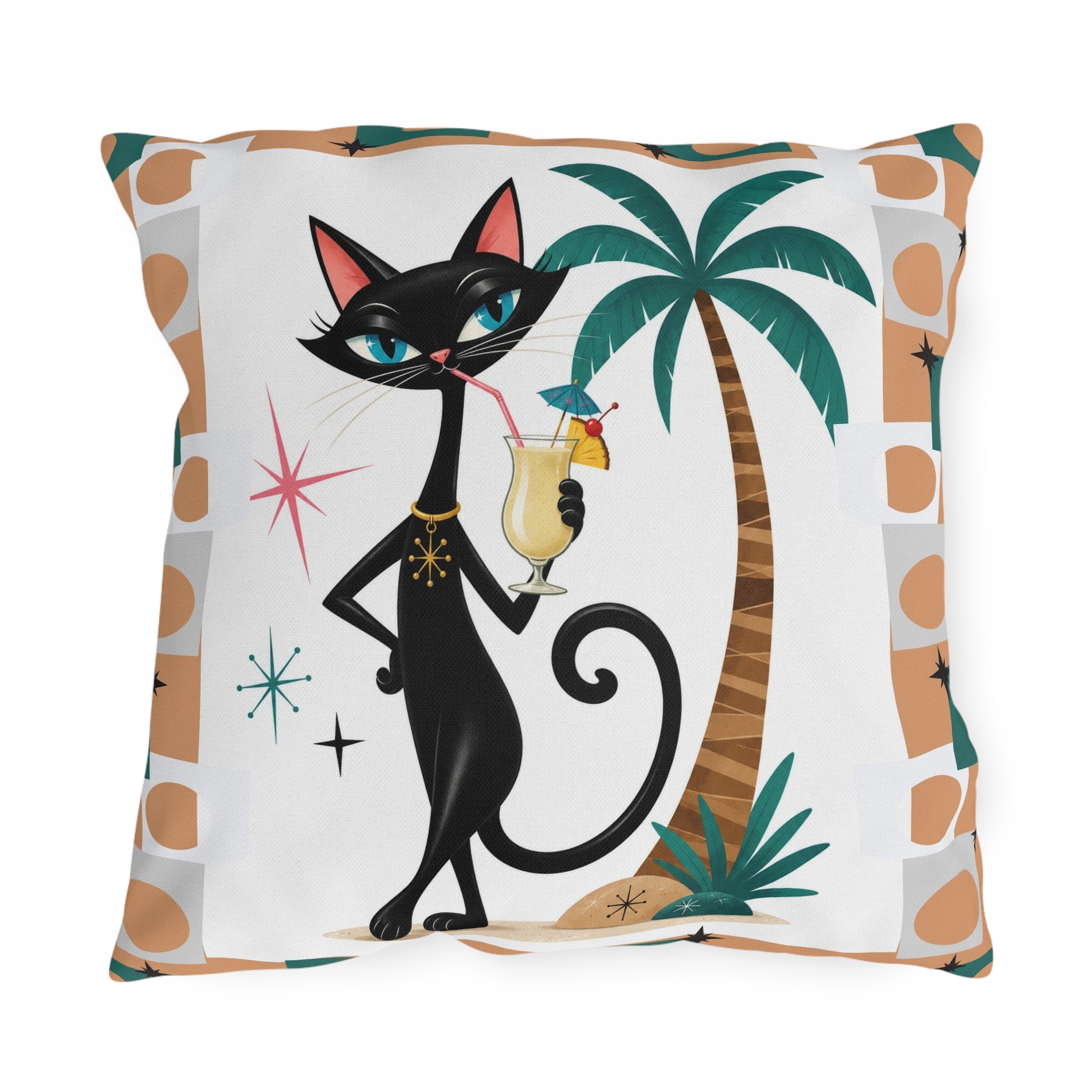 Retro Atomic Black Cat Tiki Outdoor Pillow | Palm Tree Cocktail Cushion