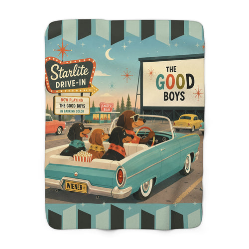 Drive-In Dachshund Dogs Sherpa Fleece Blanket | Retro Movie Night, Vintage 1950s Car & Canine