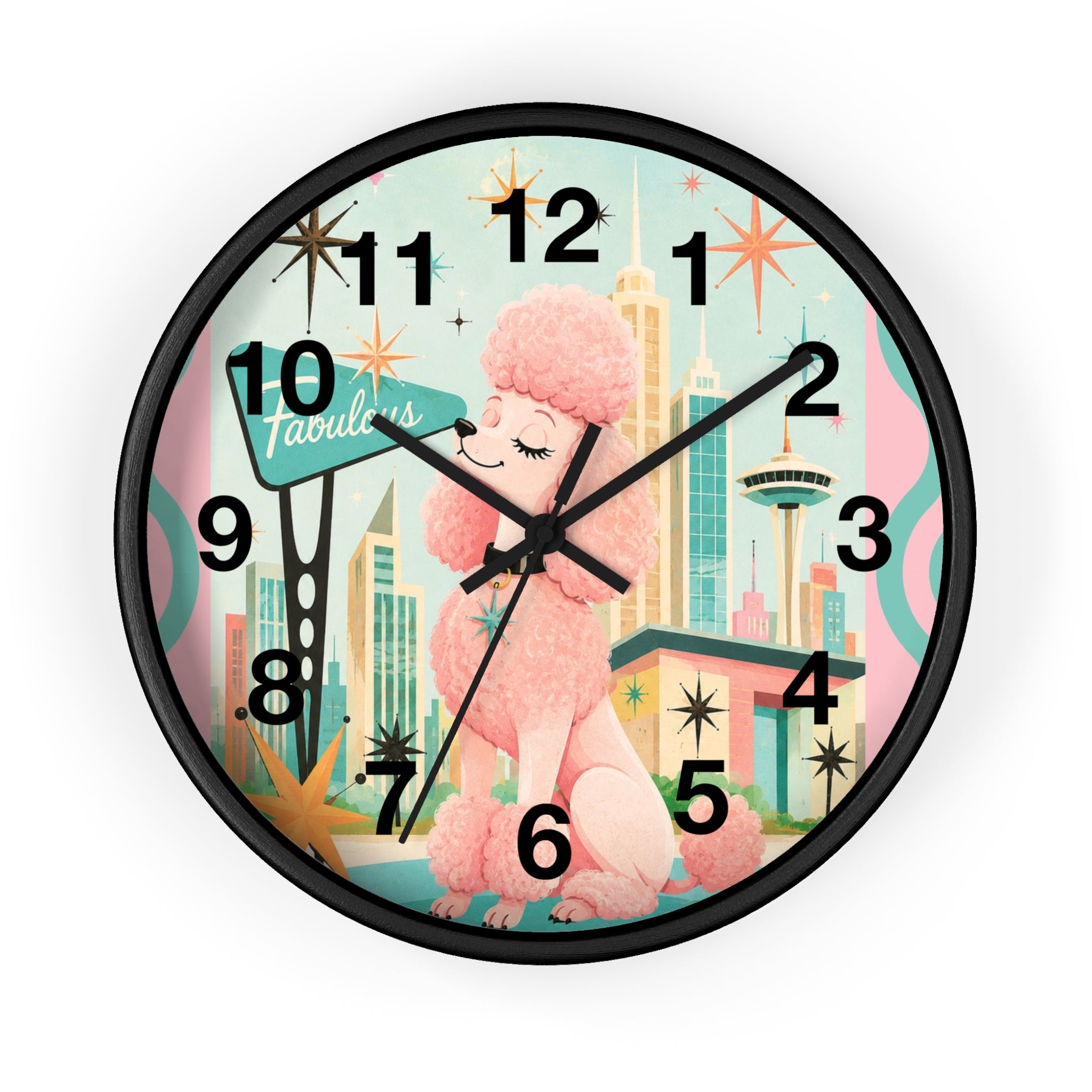 Pink Retro Poodle Wall Clock | Mid Century Atomic City Scene