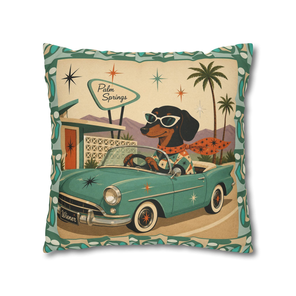 Retro Dachshund Driving Convertible Pillowcase | Palm Springs Vintage Car - COVER ONLY