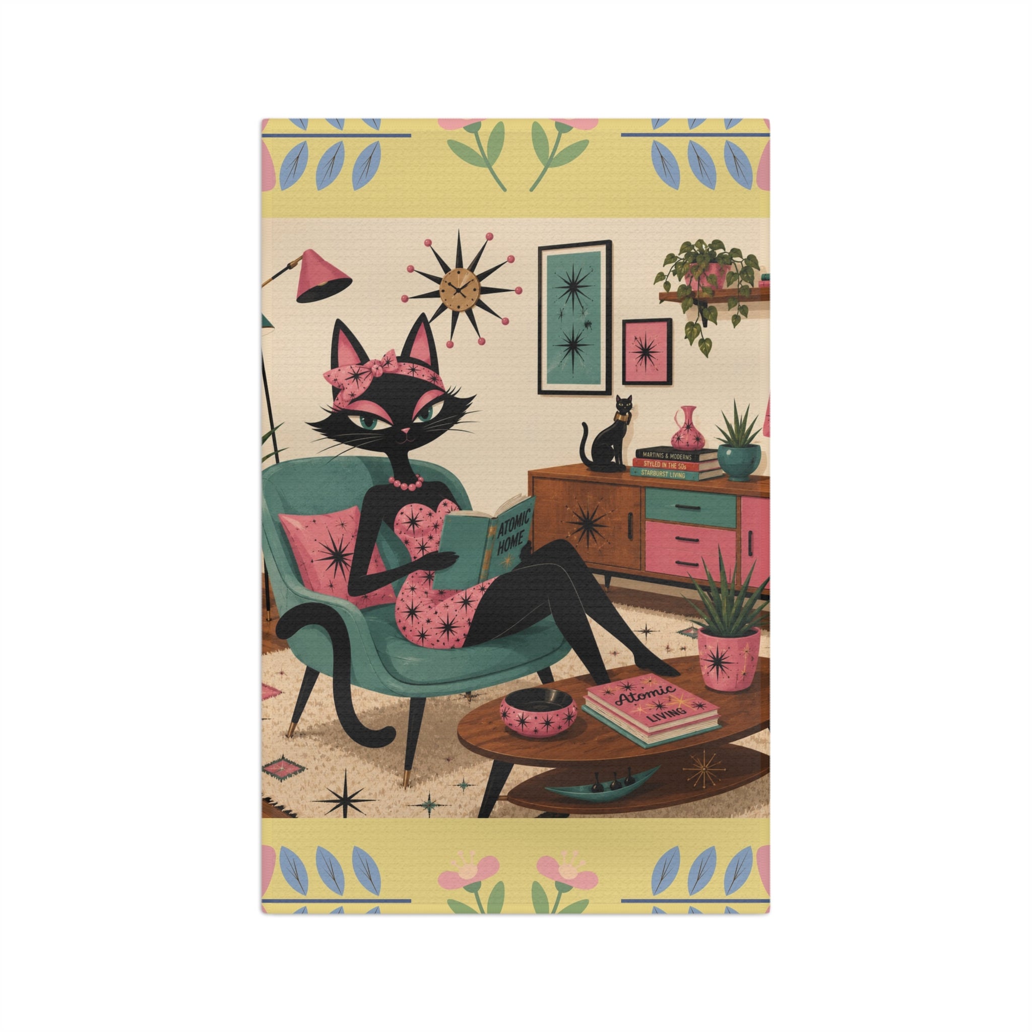 Retro Atomic Cat Lounge Microfiber Tea Towel | Mid Century Modern Cat Art