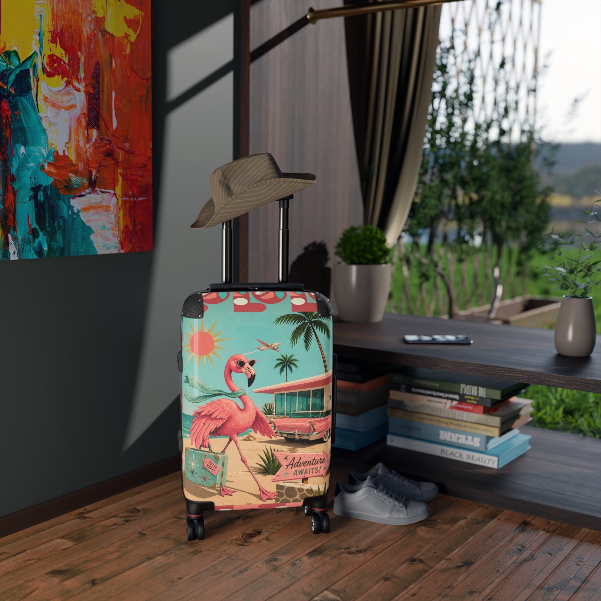 Retro MCM Flamingo fly away holiday Beach Scene Suitcase | Vintage Travel Print
