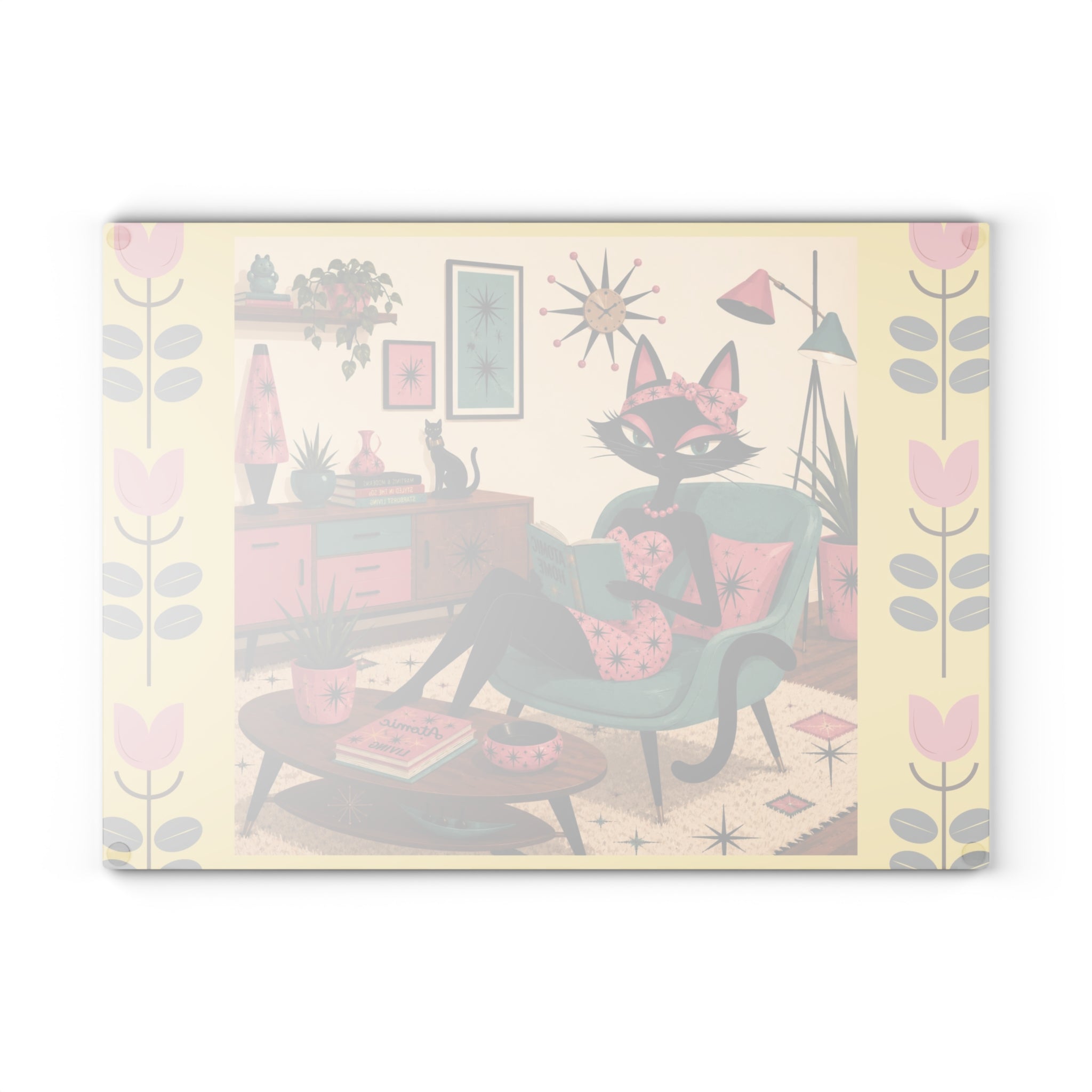 Retro Lounge Atomic Cat Glass Cutting Board | Mid Century Kitchen Decor