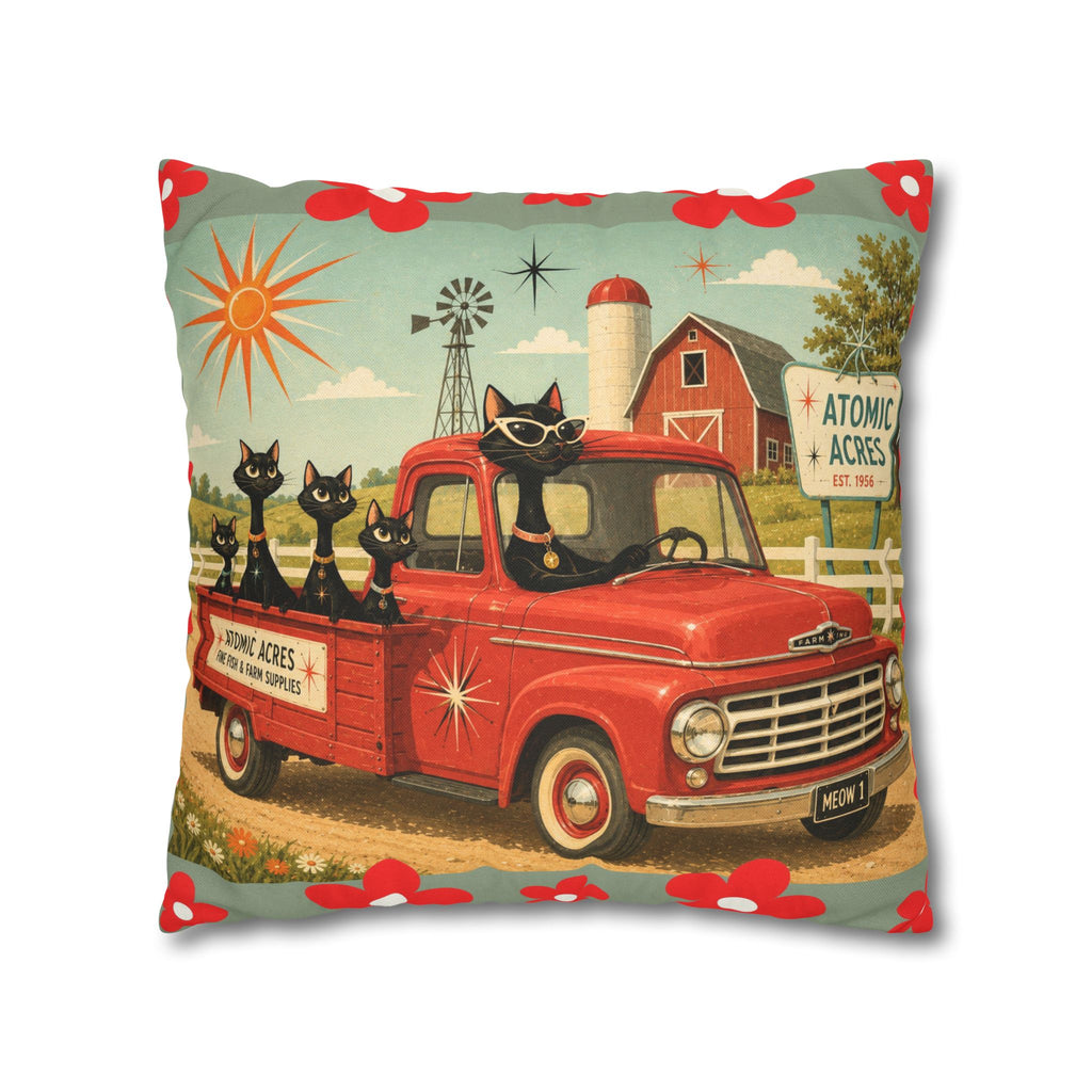Retro Red Truck with Atomic Black Cats and kittens Pillowcase | MCM Square Pillowcase - COVER ONLY