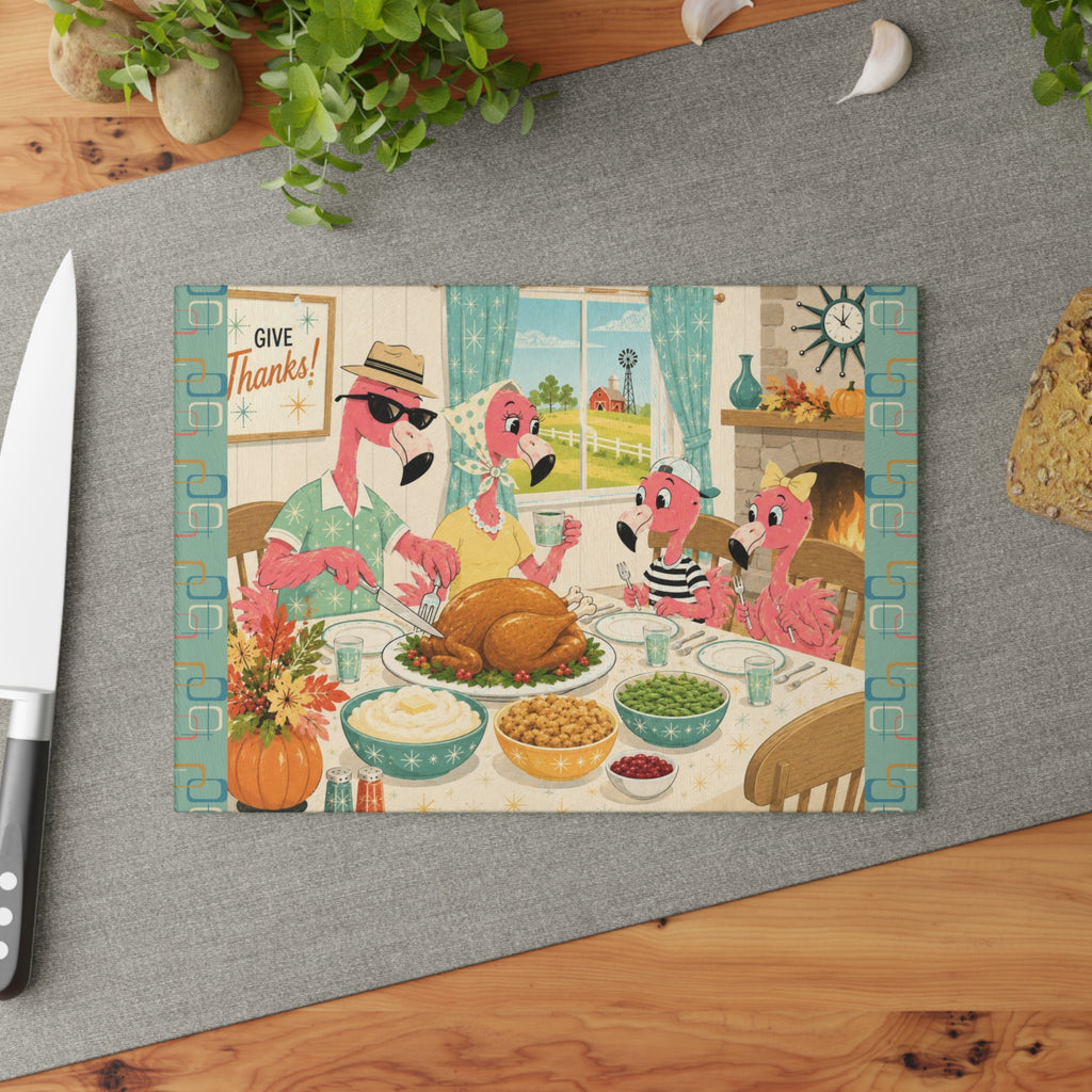 MCM Flamingo Family Thanksgiving Glass Cutting Board | Holiday Kitchen Decor