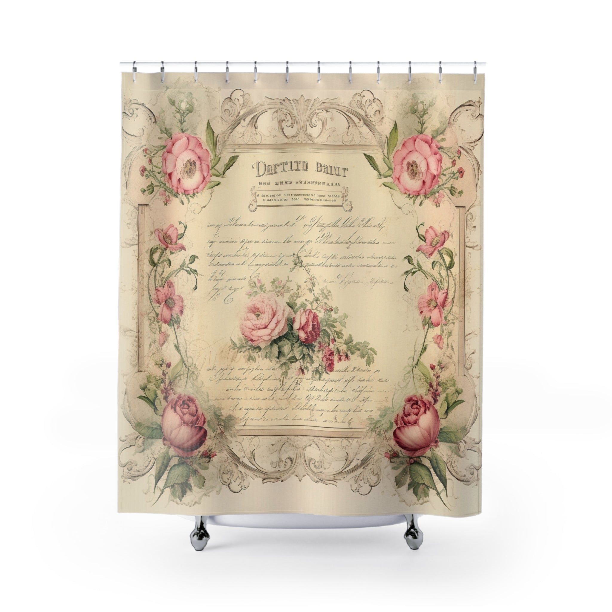 Vintage Rose Script Shower Curtain — Shabby Chic Floral Bathroom Decor