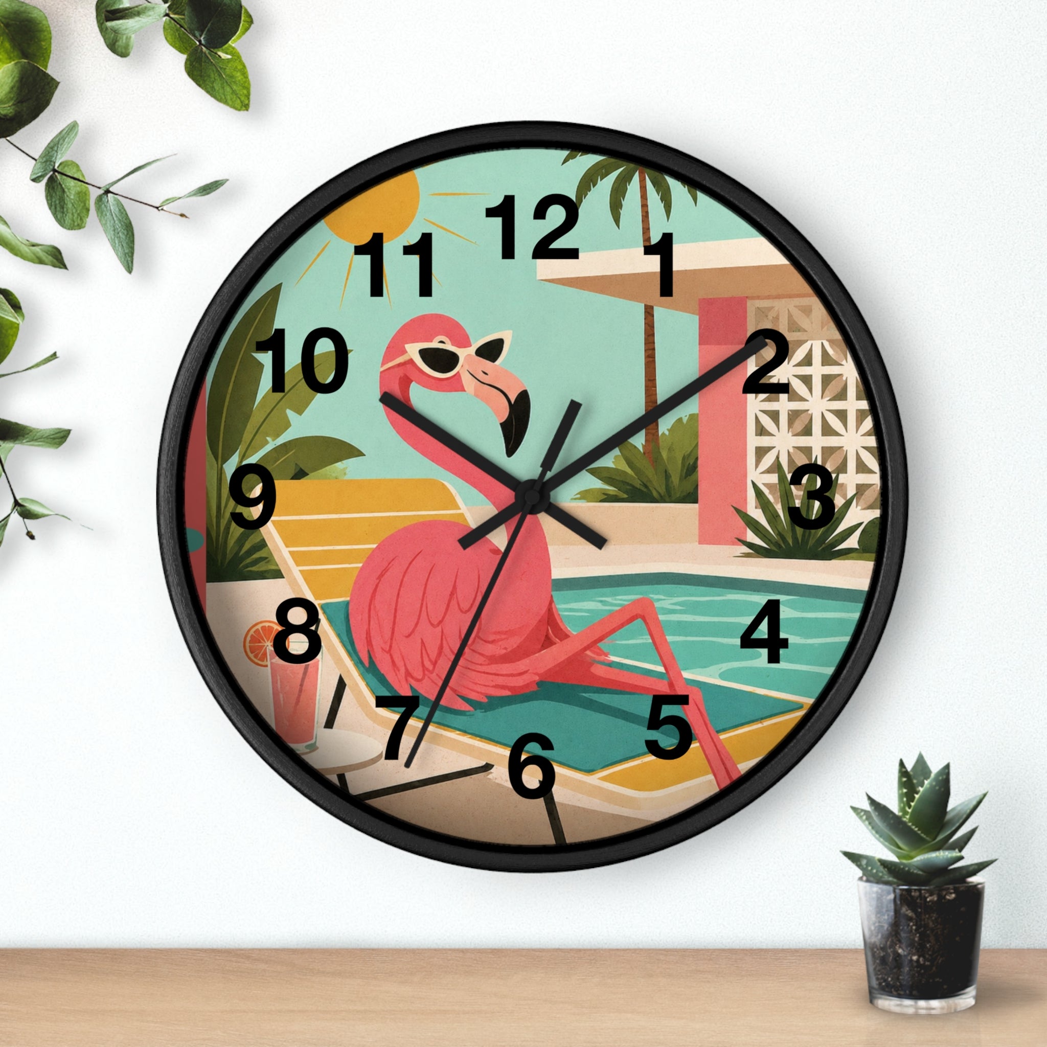 Retro Flamingo Poolside Wall Clock | Mid Century Tropical Illustration