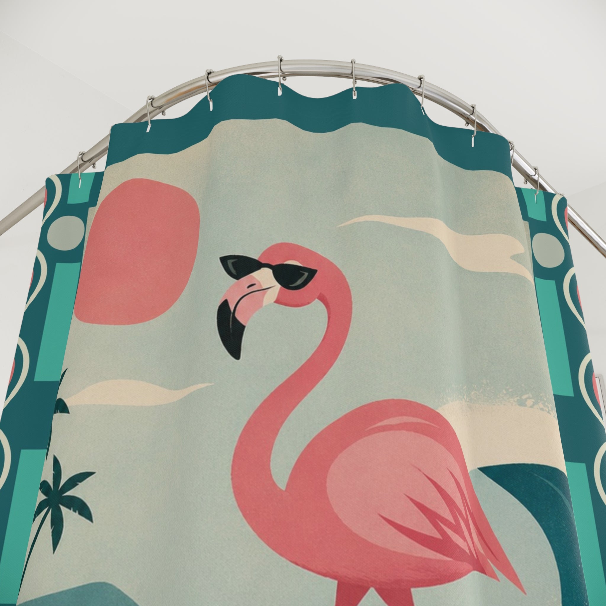 Retro Flamingo Surfing Shower Curtain | Mid Mod Tropical Beach Vibe