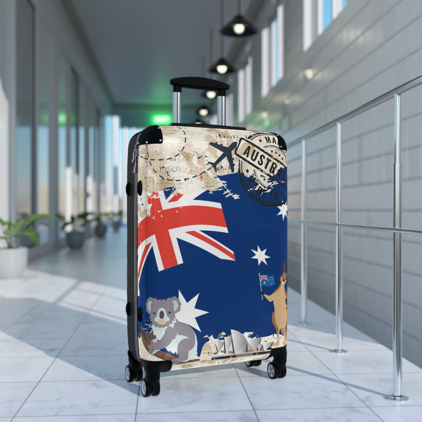 Made in Australia Suitcase with wheels, roller travel luggage, carry on bag, secure lockable holiday case