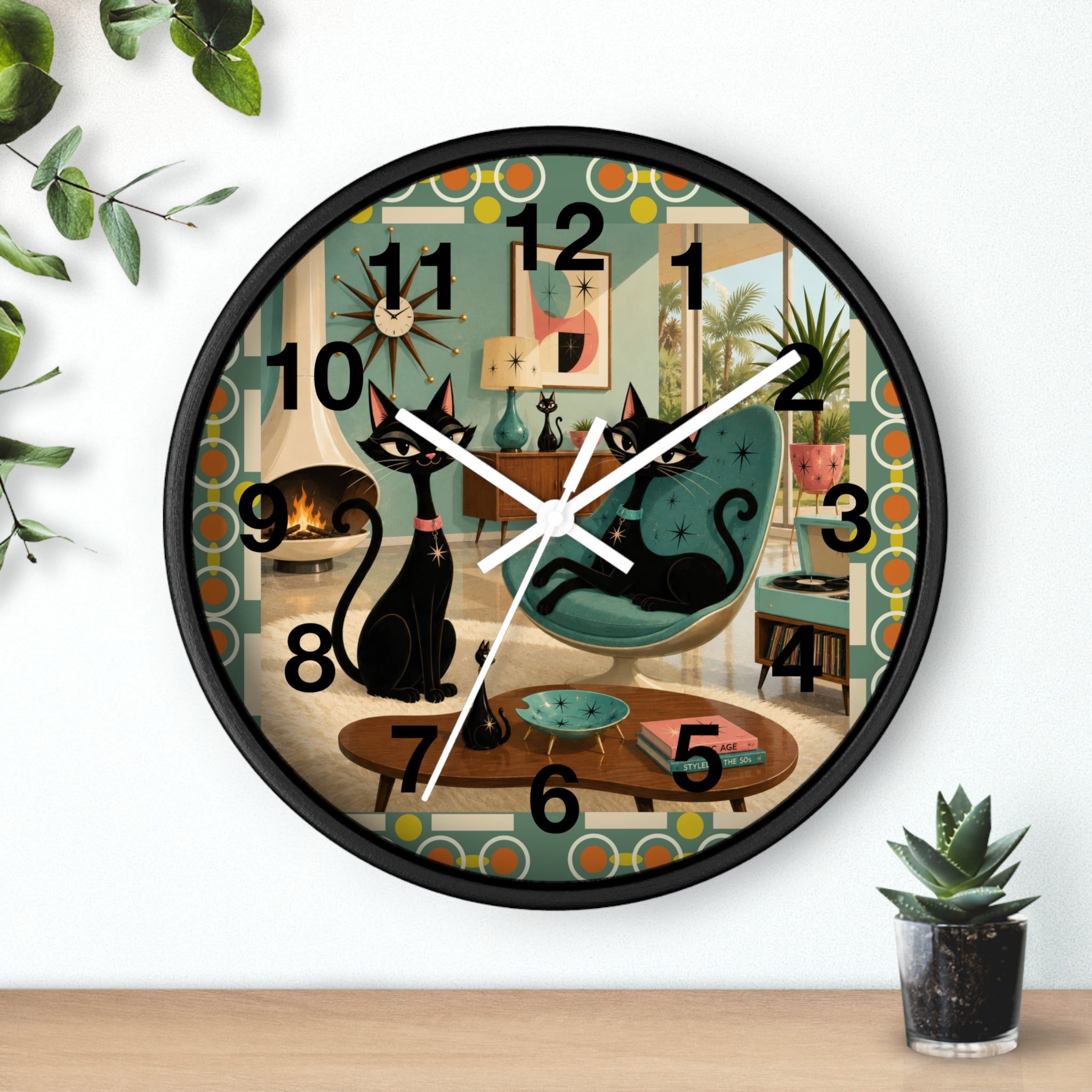 Mid Century Atomic Black Cats Wall Clock | Retro Living Room Decor