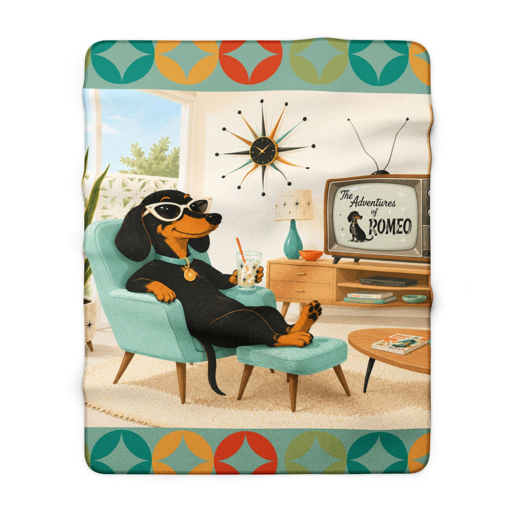 Retro Dachshund Lounge Sherpa Fleece Blanket | Mid Century Dog TV Art