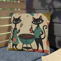 Retro Atomic Black Cats BBQ Outdoor Pillow | Mid Century Modern Cat Grill Decorative Cushion
