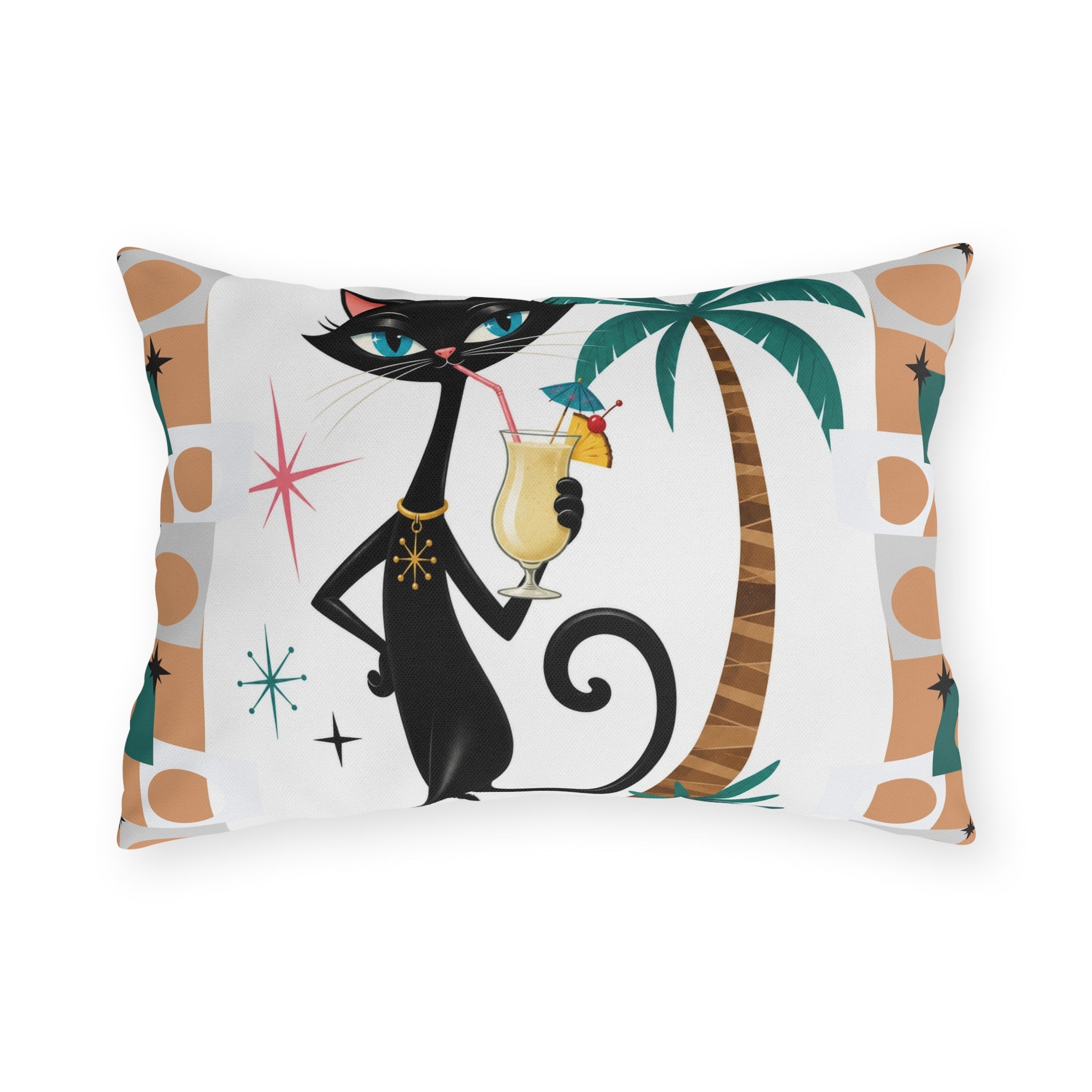 Retro Atomic Black Cat Tiki Outdoor Pillow | Palm Tree Cocktail Cushion