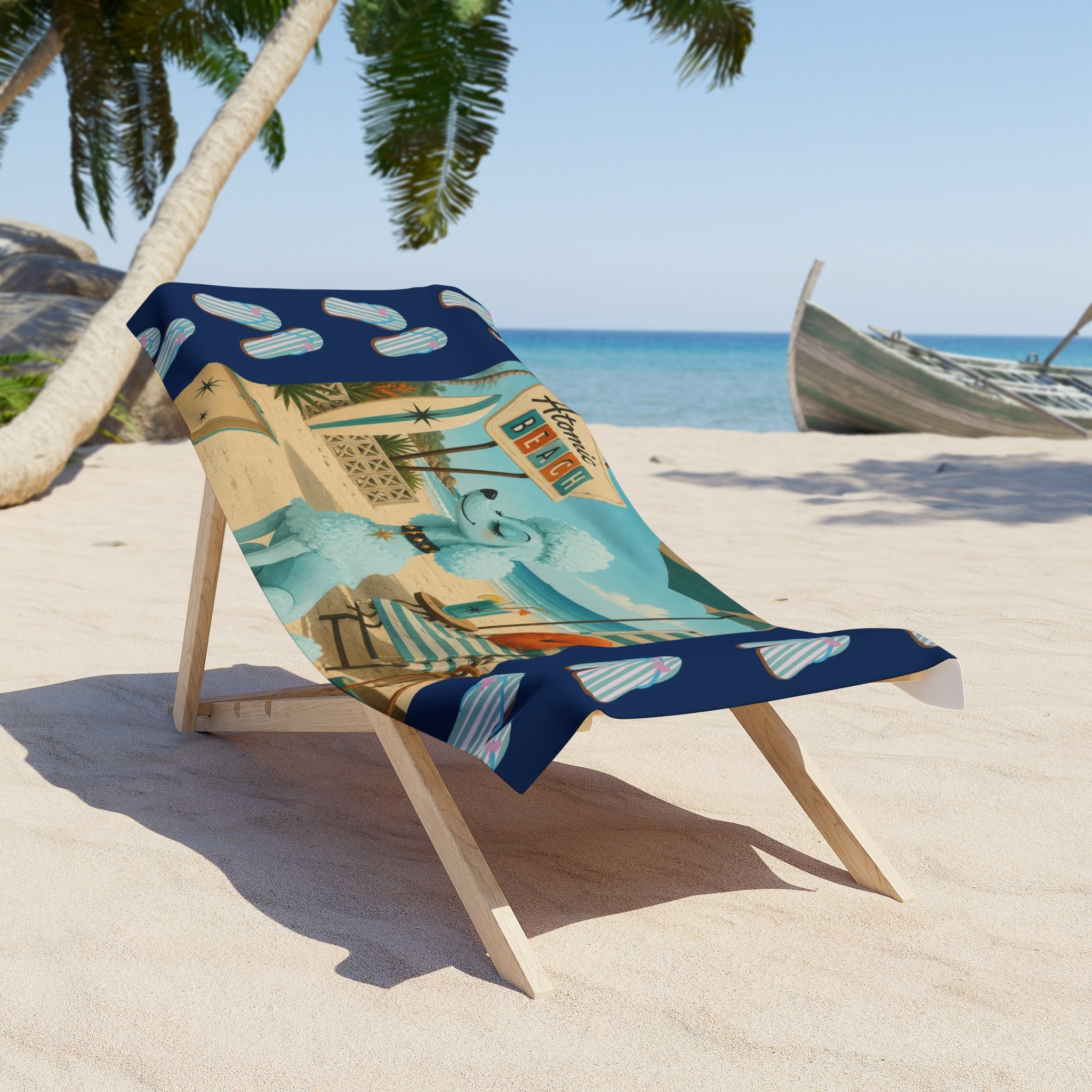 Retro Blue Poodle Beach Scene Beach Towel | Flip Flop Border, Vintage Surf, MCM