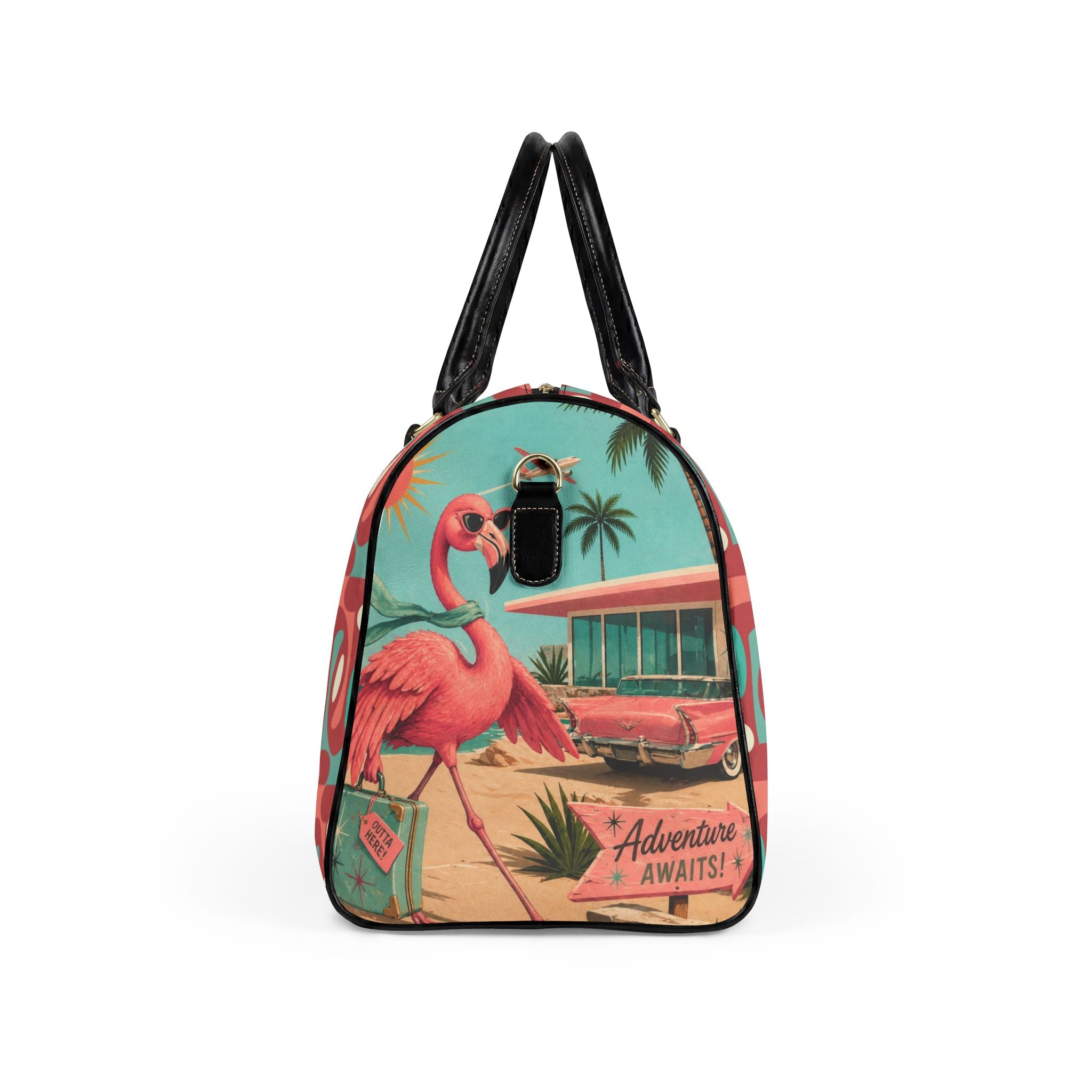Retro Flamingo fly away Beach Duffle Faux Leather Travel Bag | Vintage Tiki Roadtrip