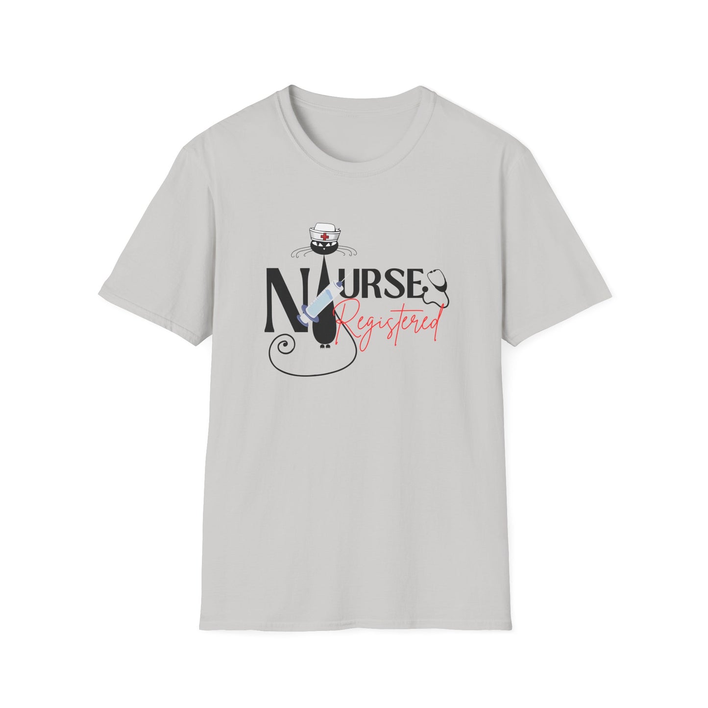 Registered Nurse Atomic cat retro Unisex Softstyle T-Shirt, MCM ladies shirt, RN tee, Mid Century lover, black cat lover gift