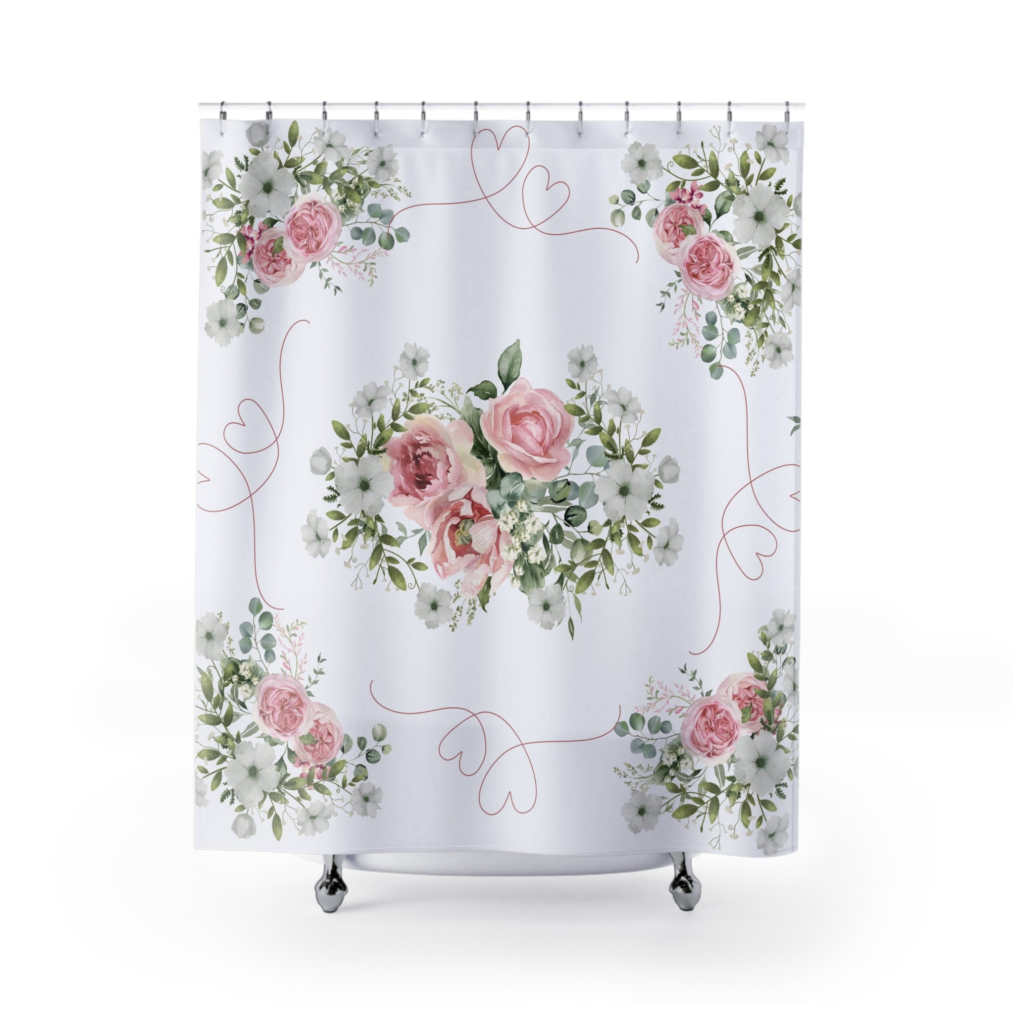 Pink roses and hearts Shower Curtain, Shabby chic, vintage inspired, farmhouse bathroom, country cottage decor, stall shower curtain