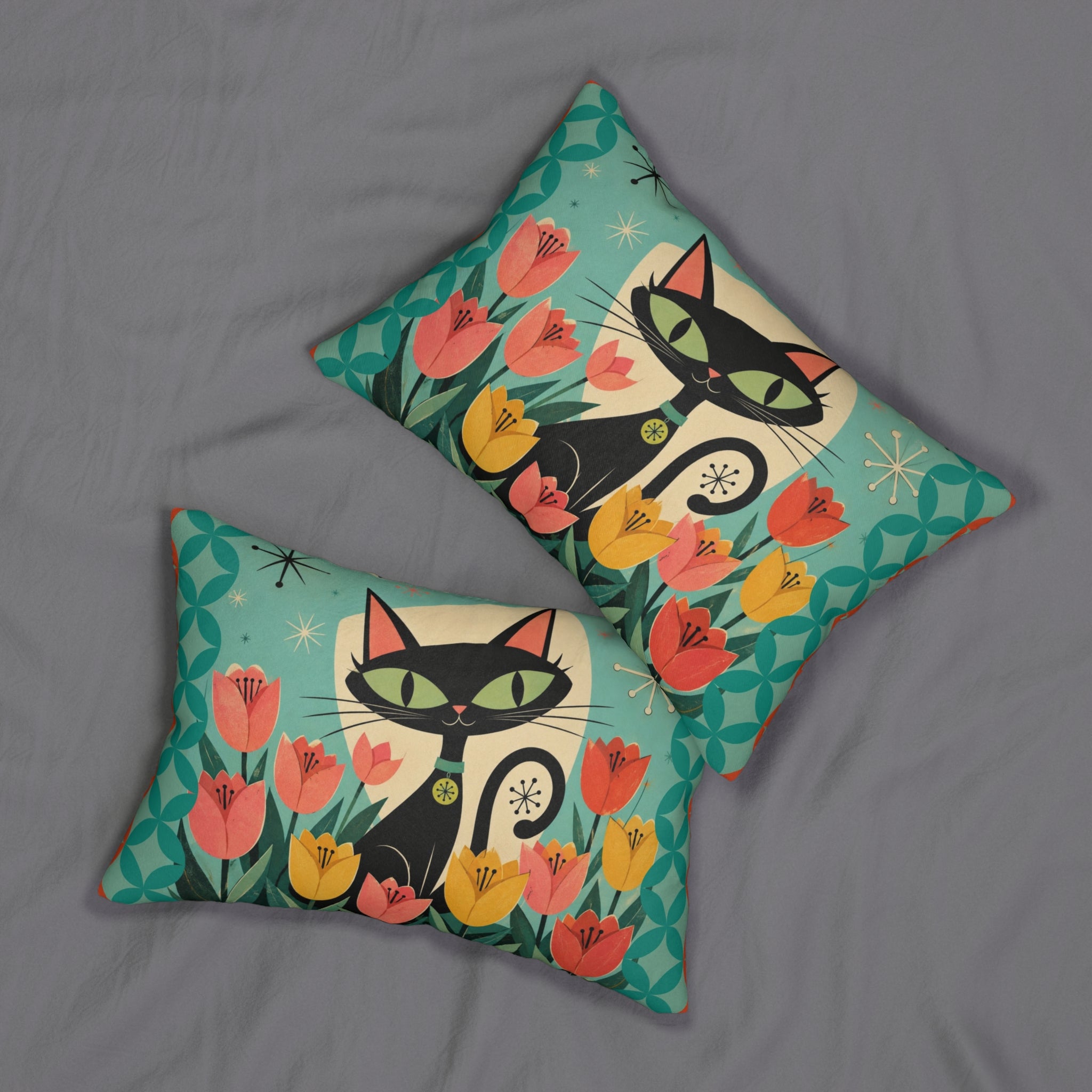 Retro Atomic Black Cat Tulips lumbar pillow | Mid Century Modern cat throw pillow