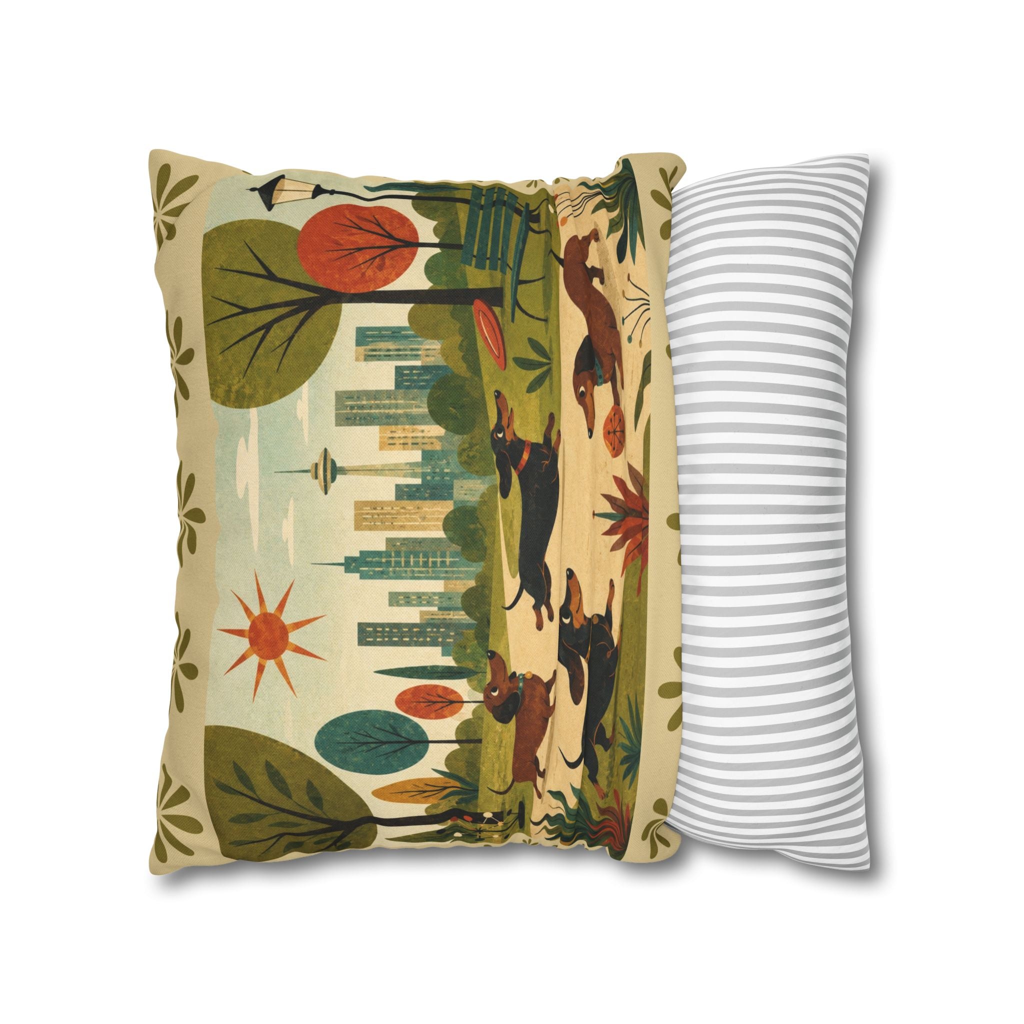 MCM Dachshund Park Scene Pillowcase | Square Decorative Throw Pillowcase - COVER ONLY