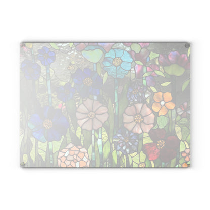 Glass Cutting Board, stained glass look, flower garden, cheese board, bread, serving, tempered glass chopping board