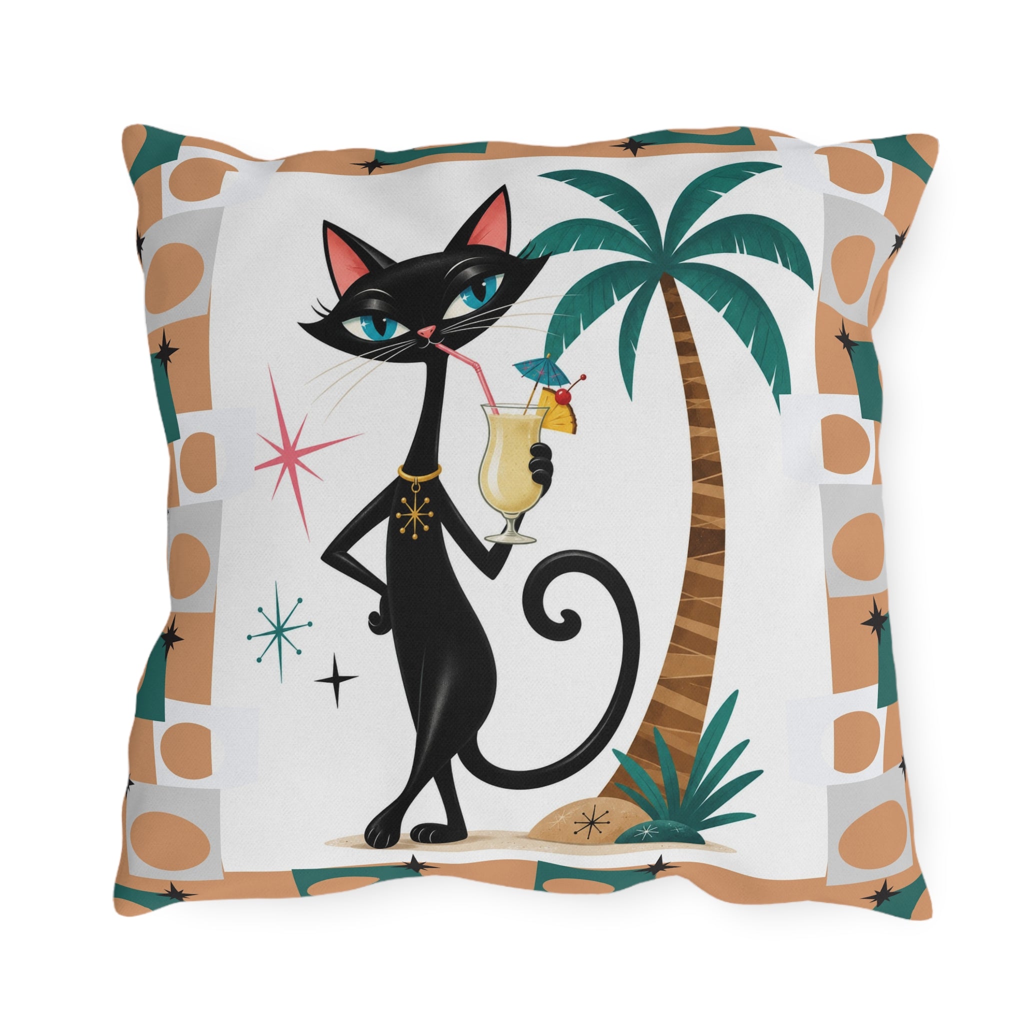 Retro Atomic Black Cat Tiki Outdoor Pillow | Palm Tree Cocktail Cushion