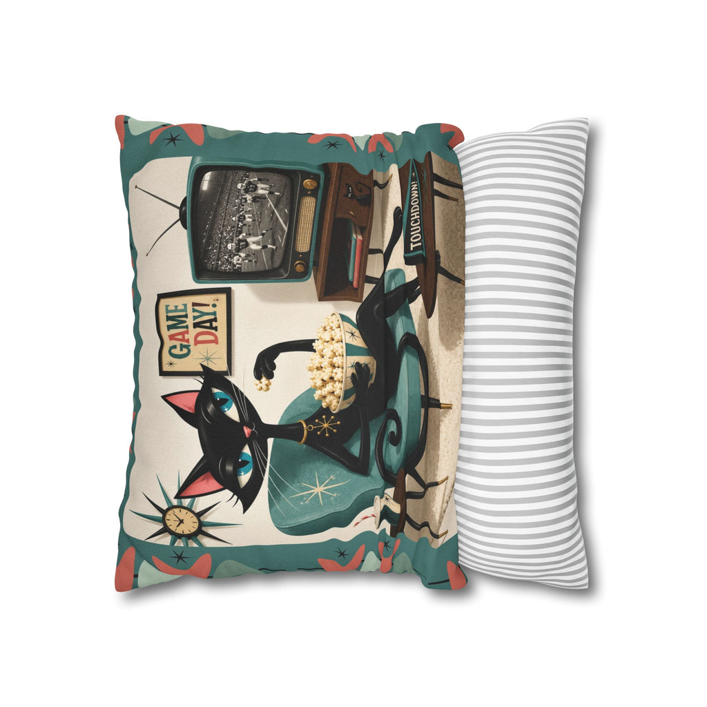 Retro Atomic Black Cat Watching Football Pillowcase | MCM Square Throw Pillowcase - Indoor use