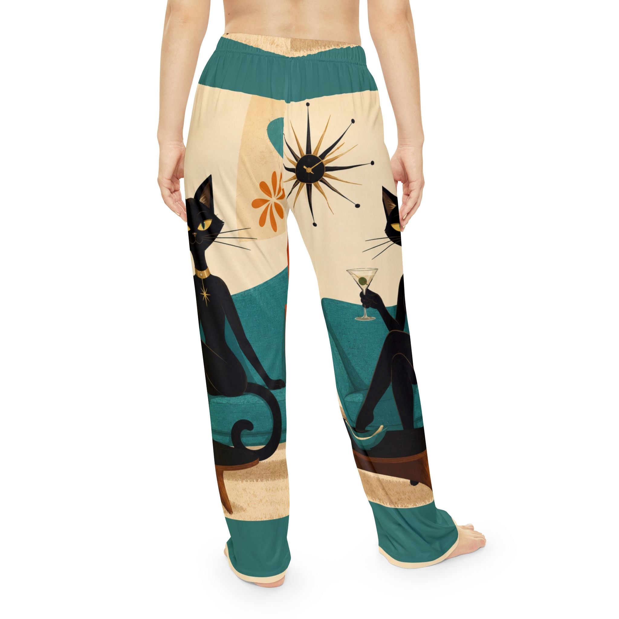 Mid-Century Atomic Black Cat Illustration Pajama Pants | Retro Living Room Print