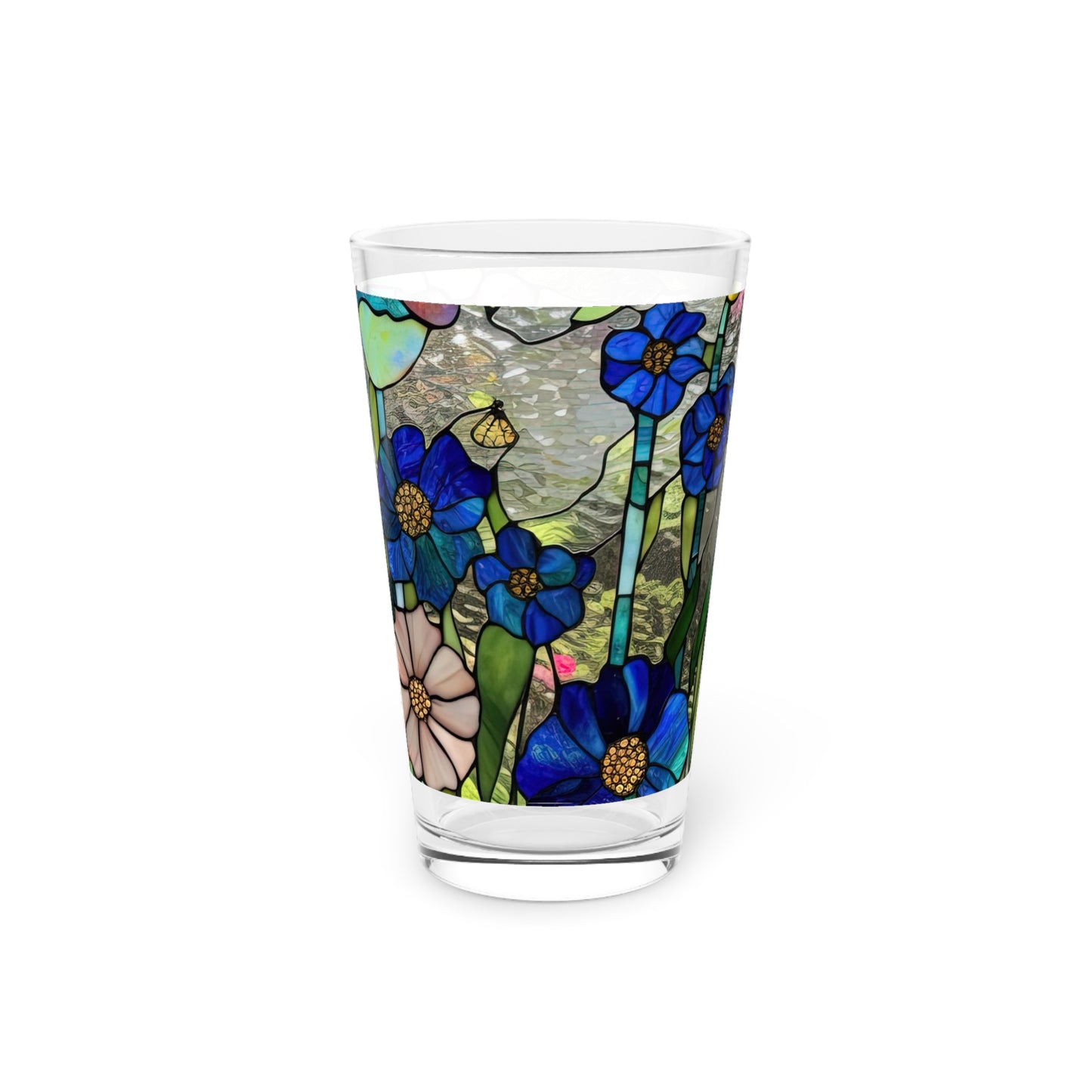 Garden flowers stained glass (look only)  Pint Glass, 16oz (Price is per glass)