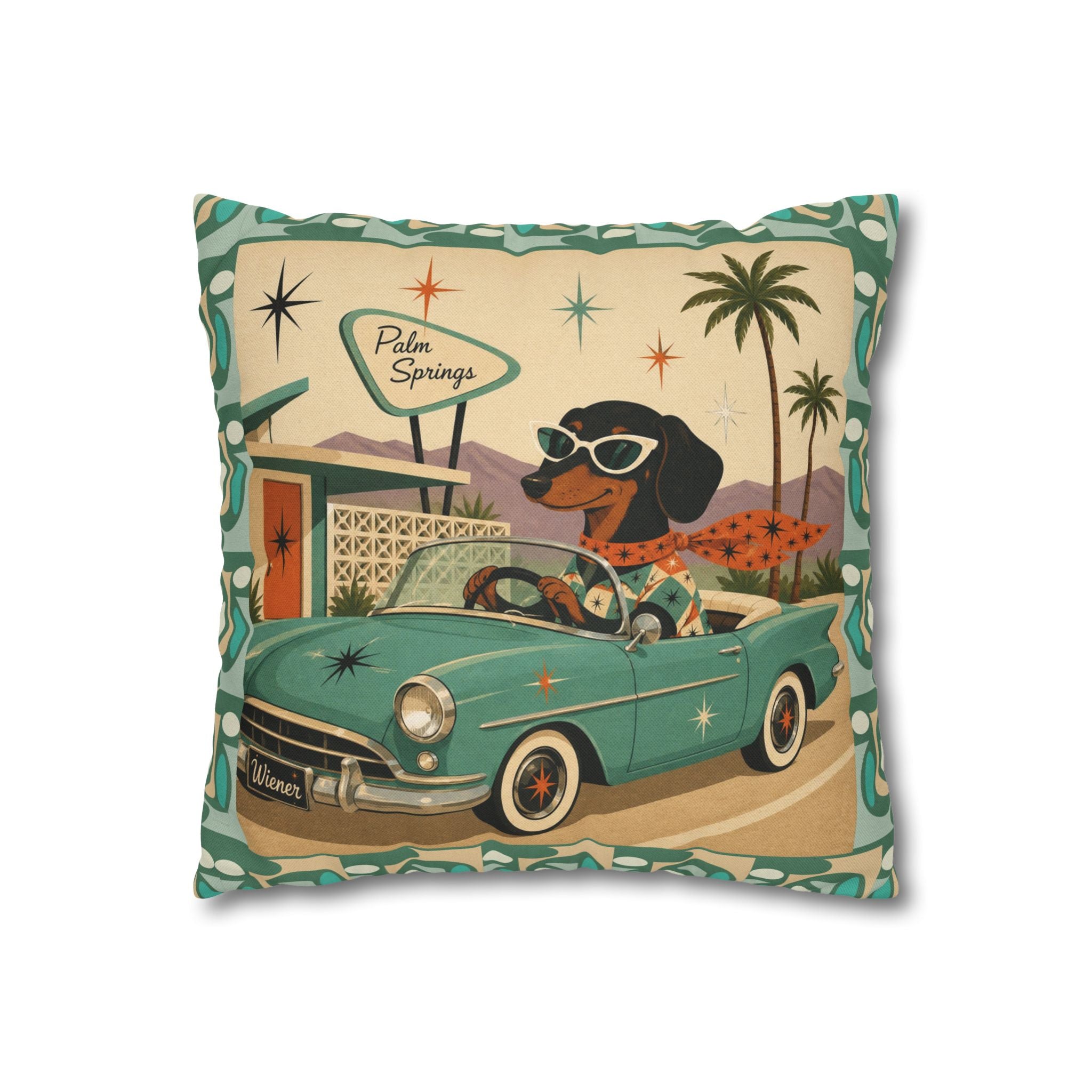 Retro Dachshund Driving Convertible Pillowcase | Palm Springs Vintage Car - COVER ONLY