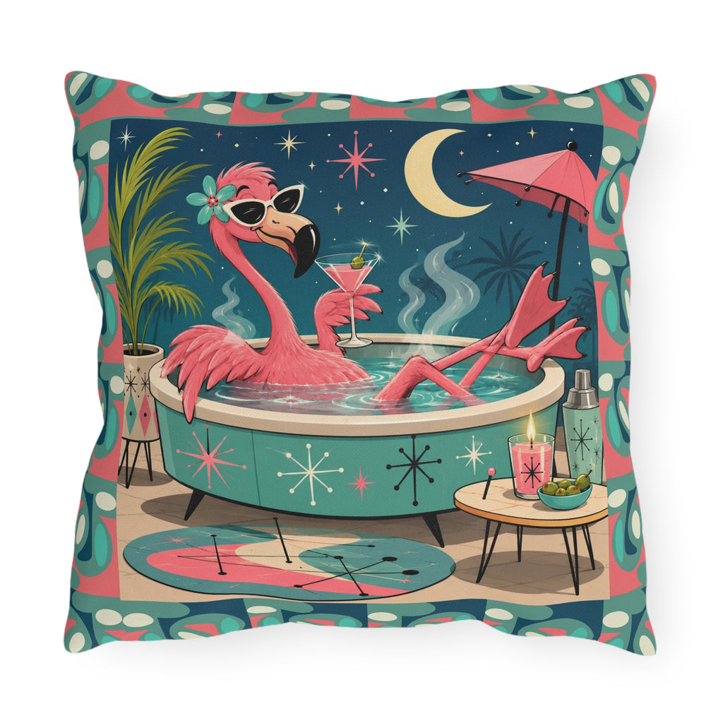 Retro Flamingo in Hot Tub Outdoor Pillow | Mid Century Tropical Patio Decor