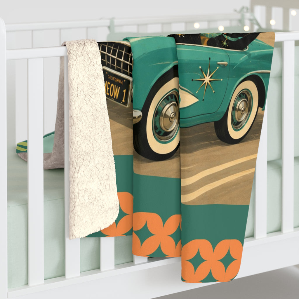 Retro Black Atomic Cats Driving Convertible Sherpa Blanket | Vintage Beach Roadtrip