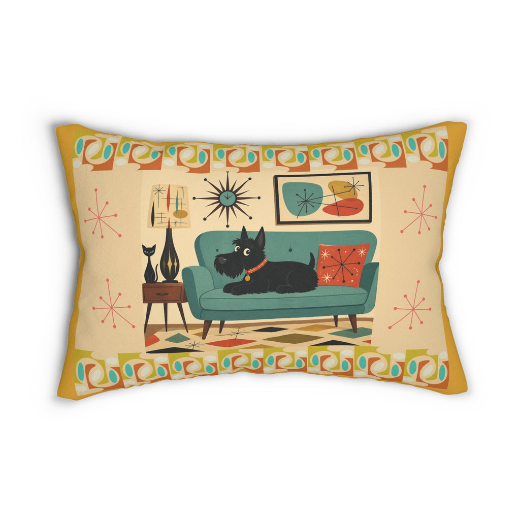 Mid Century Scotty Dog on Teal Sofa Lumbar Pillow | Retro Atomic Living Room