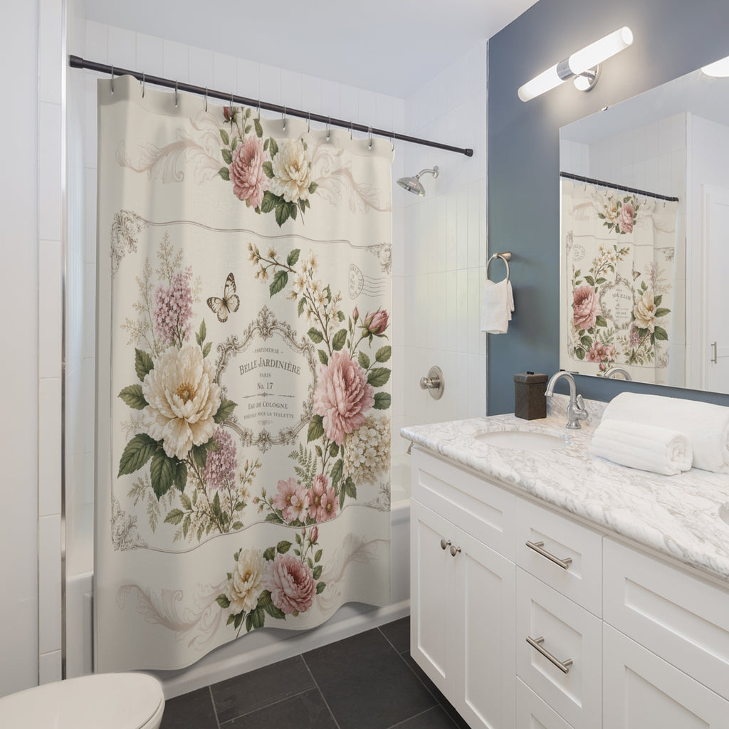 Vintage style Floral Garden Shower Curtain | French Roses,  Shabby chic Butterflies, Neutral