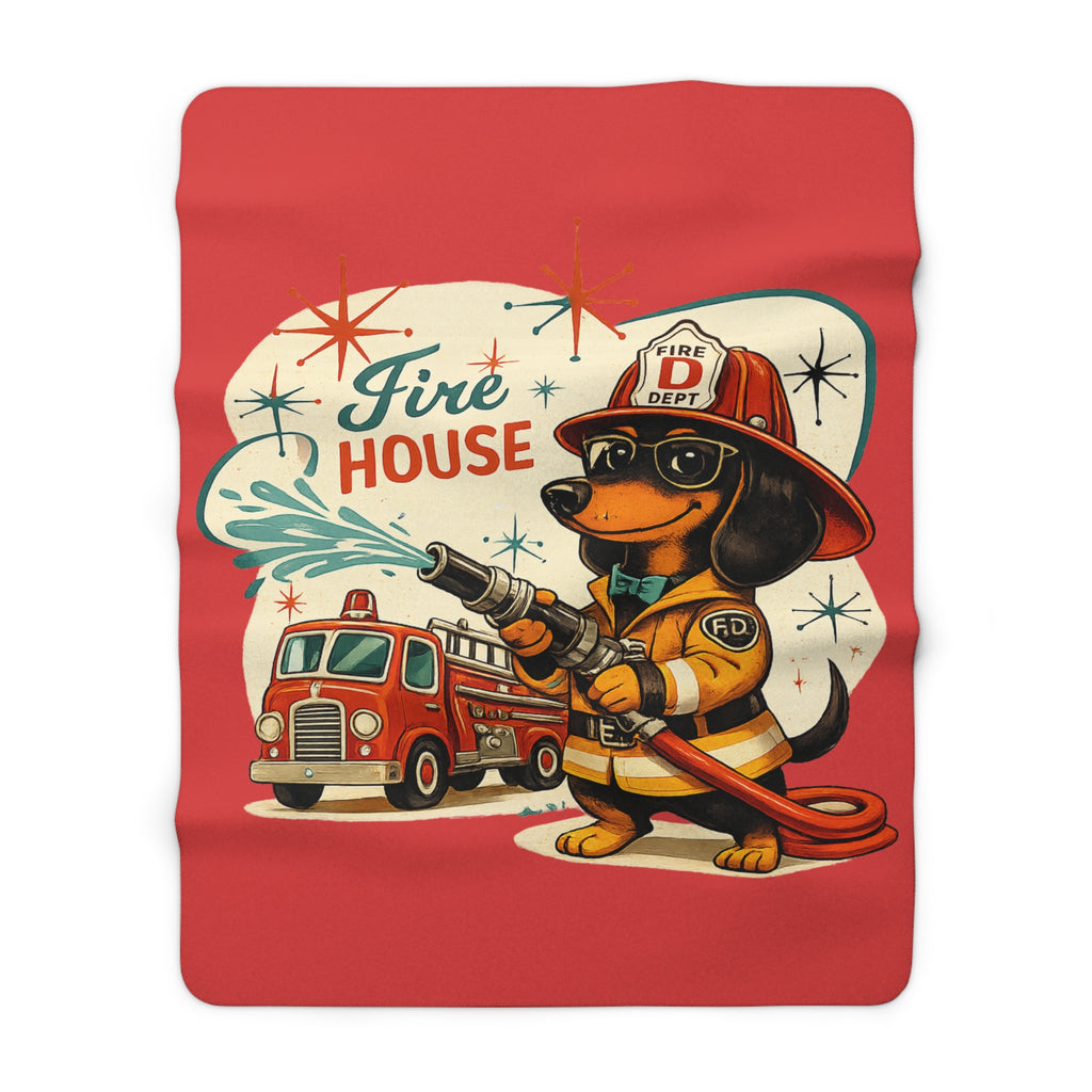 MCM Dachshund Firefighter Illustration Sherpa Blanket | Firehouse Dog Throw