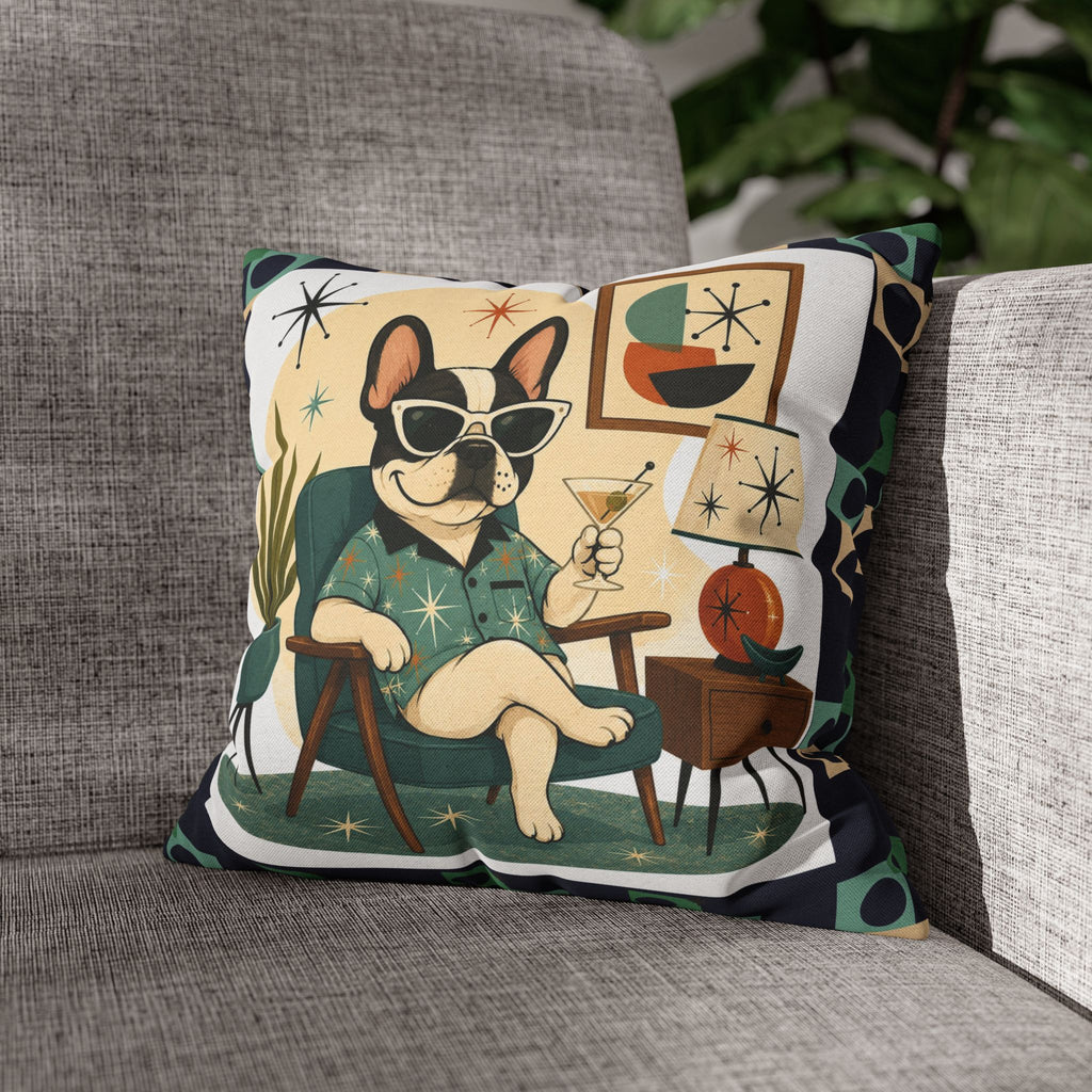 Retro Mid Century French Bulldog Pillowcase | Square Throw Pillowcase - COVER ONLY