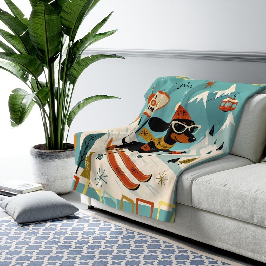 Skiing Dachshund Dog MCM Sherpa Fleece Blanket | Retro Winter Lodge Design
