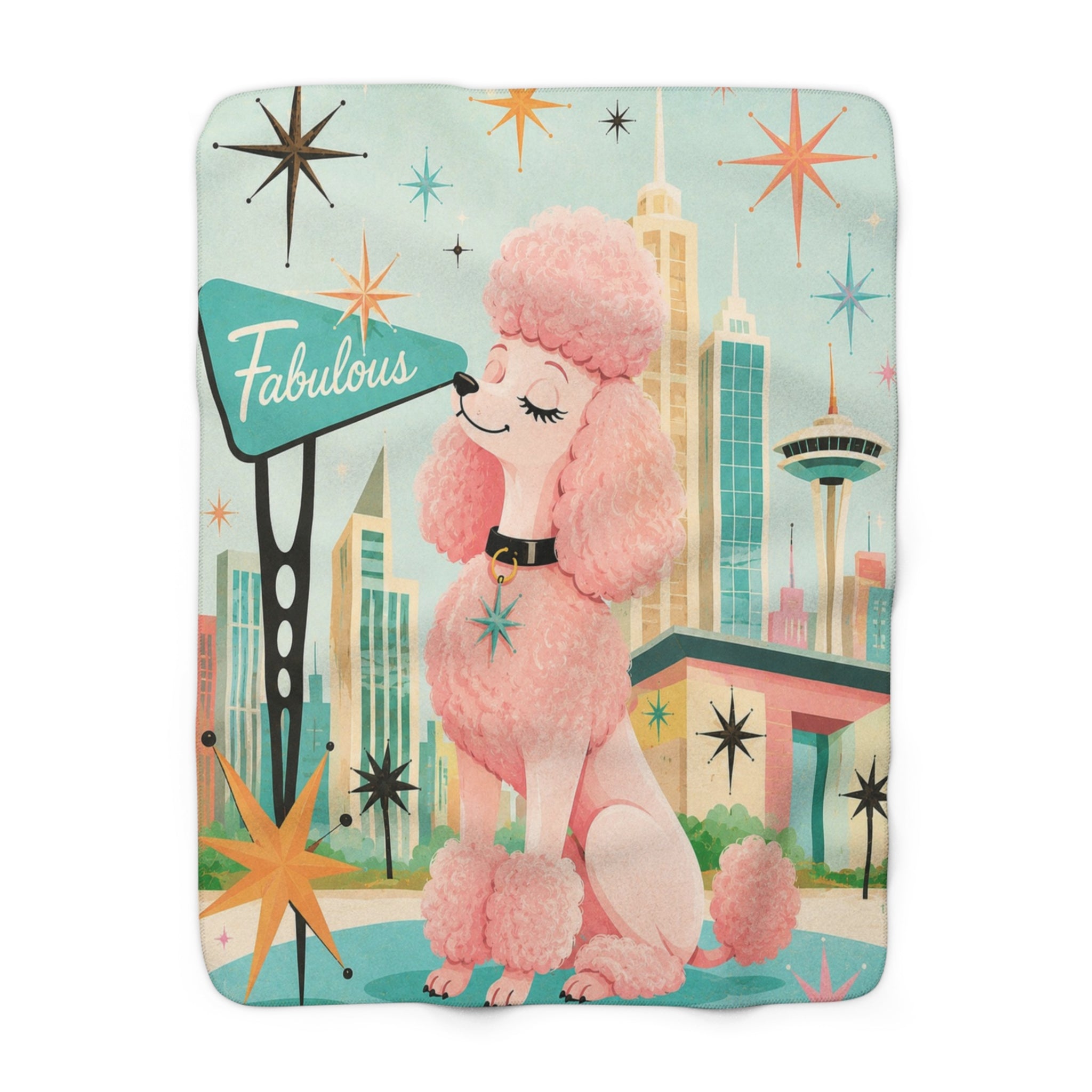 Retro Fabulous Pink Poodle Sherpa Blanket | Mid Century Cityscape