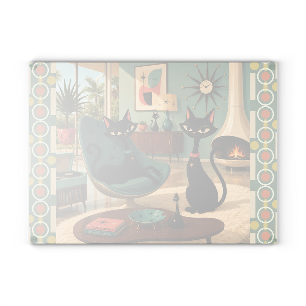 Mid Century Black Atomic Cats Glass Cutting Board | Retro Living Room Art