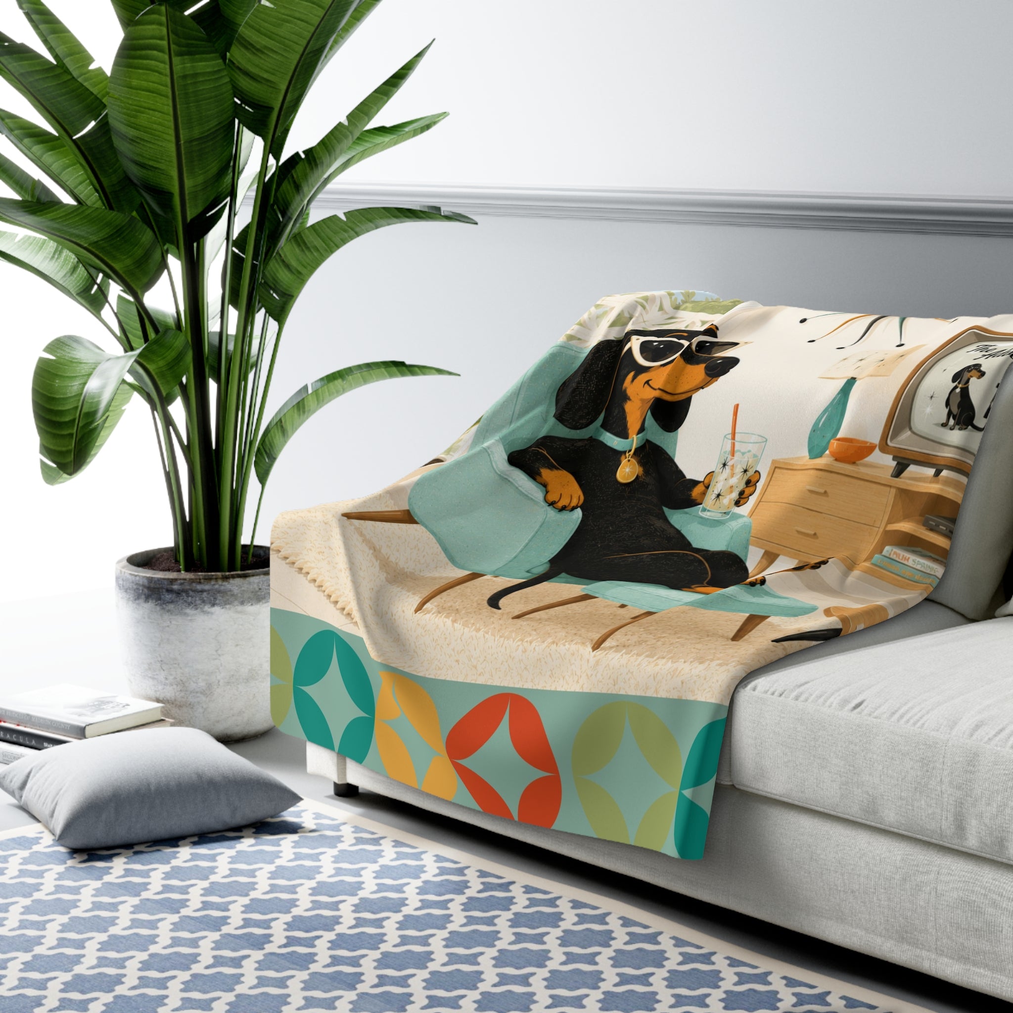 Retro Dachshund Lounge Sherpa Fleece Blanket | Mid Century Dog TV Art