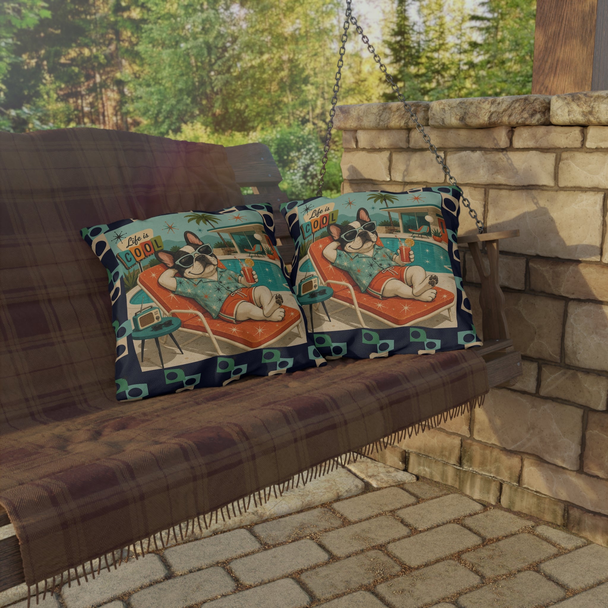 Retro French Bulldog Poolside Lounge Outdoor Pillow | Mid Century Cool