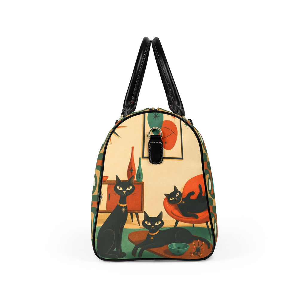 Mid Century Atomic Cat Scene Faux Leather Travel Bag | Retro Atomic Kitsch